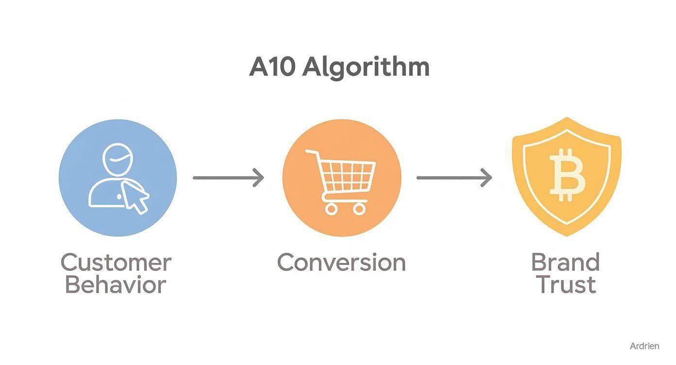 Understanding the Amazon SEO Optimisation A10 Algorithm Amazon SEO Optimisation A10 Algorithm showing the journey from customer behaviour to conversion and brand trust