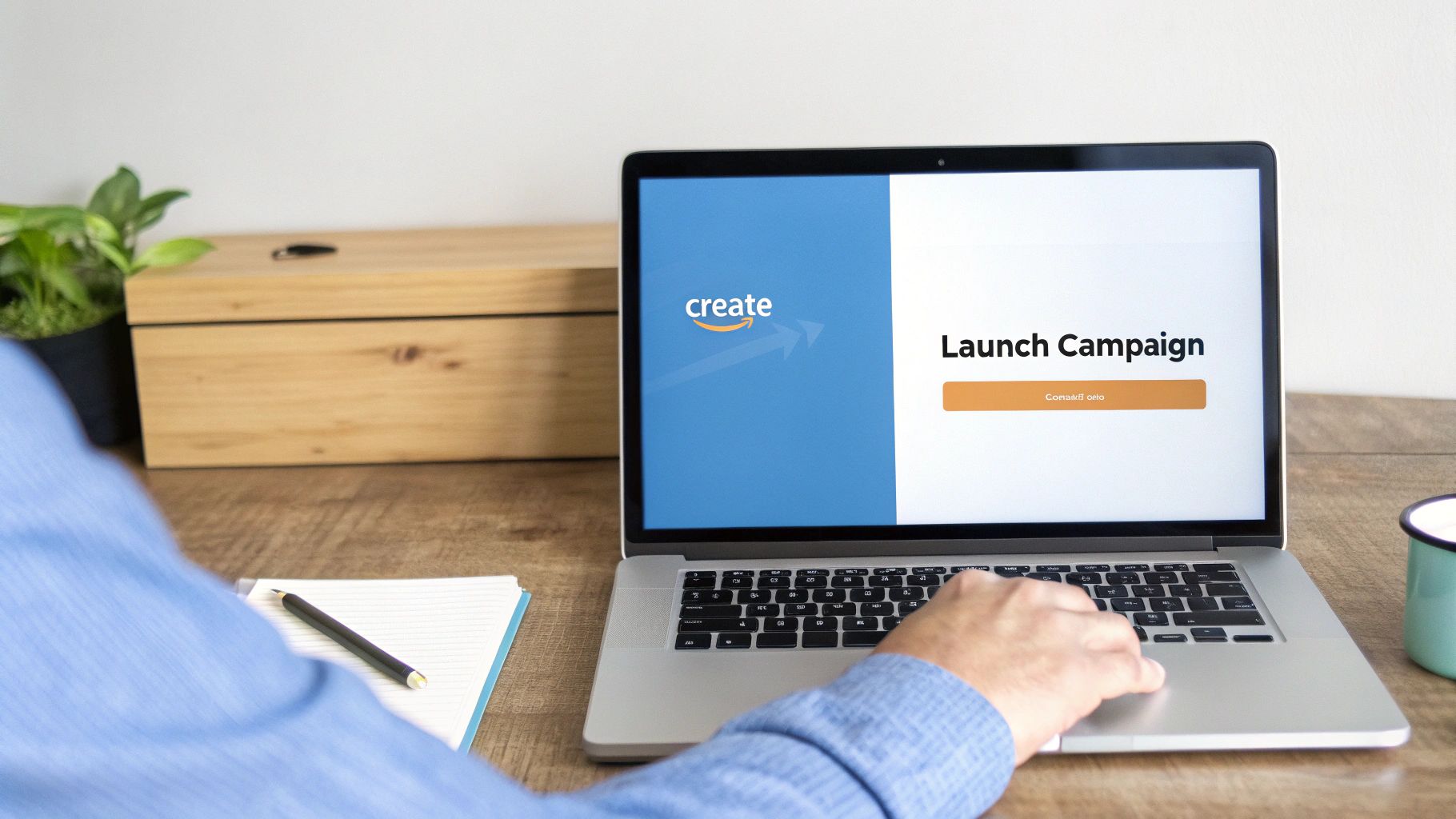 Amazon PPC Advertising Campaign Launch Amazon PPC Advertising campaign launch screen on laptop for new ad setup