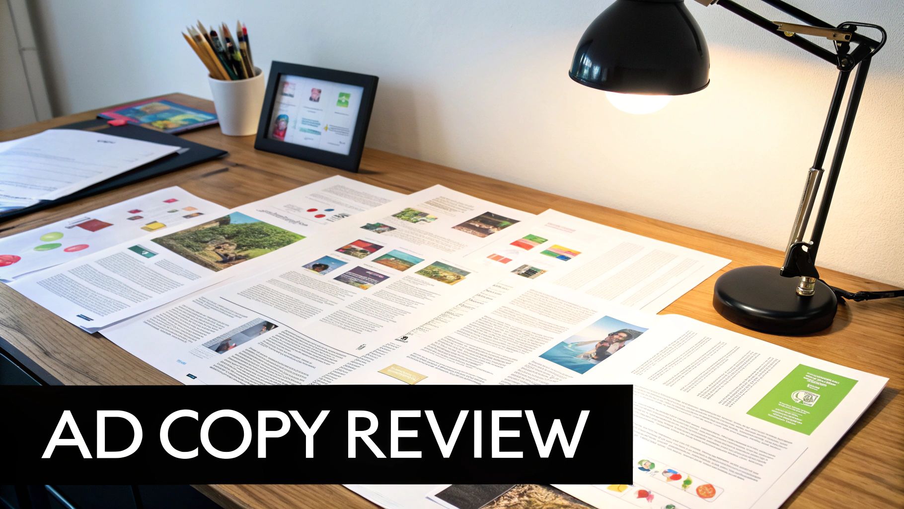 PPC Competitor Research with ad copy examples on desk for analysis