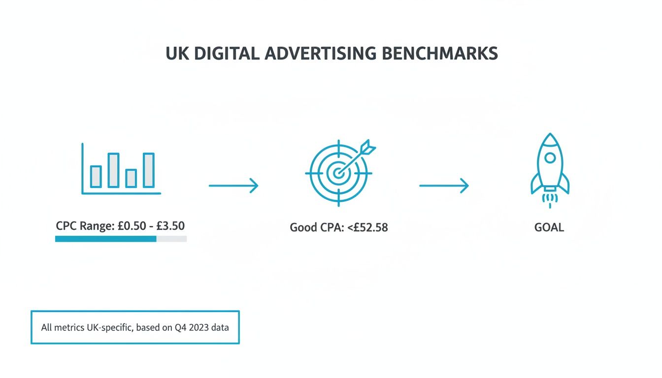 What Is A Good CPC in UK Digital Advertising What Is A Good CPC benchmark graphic showing UK digital advertising CPC and CPA targets