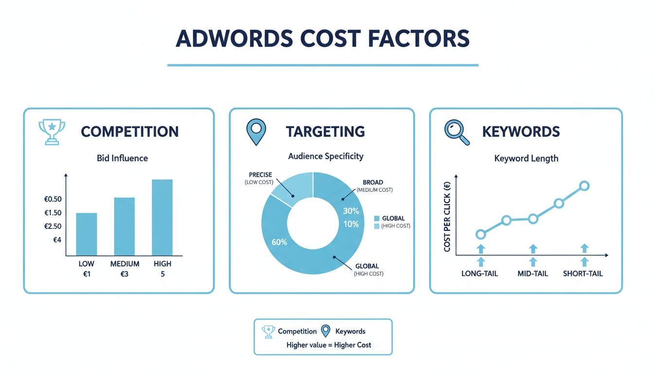 Infographic detailing AdWords cost factors: competition, targeting, and keyword length influencing cost per click.