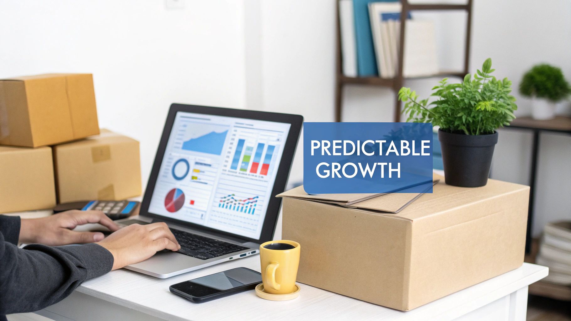 Person analyzing business data on laptop next to shipping boxes and 'PREDICTABLE GROWTH' text.
