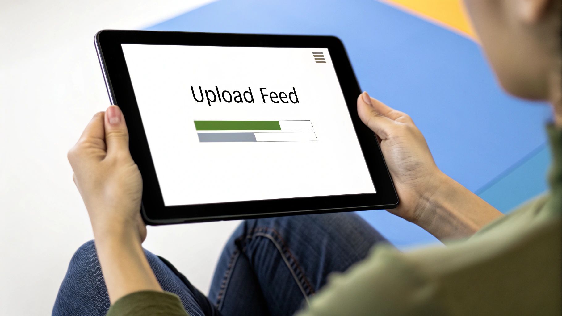 A person holding a tablet displaying an "Upload Feed" screen with a progress bar, indicating the process of uploading a Google Shopping Product Feed.

