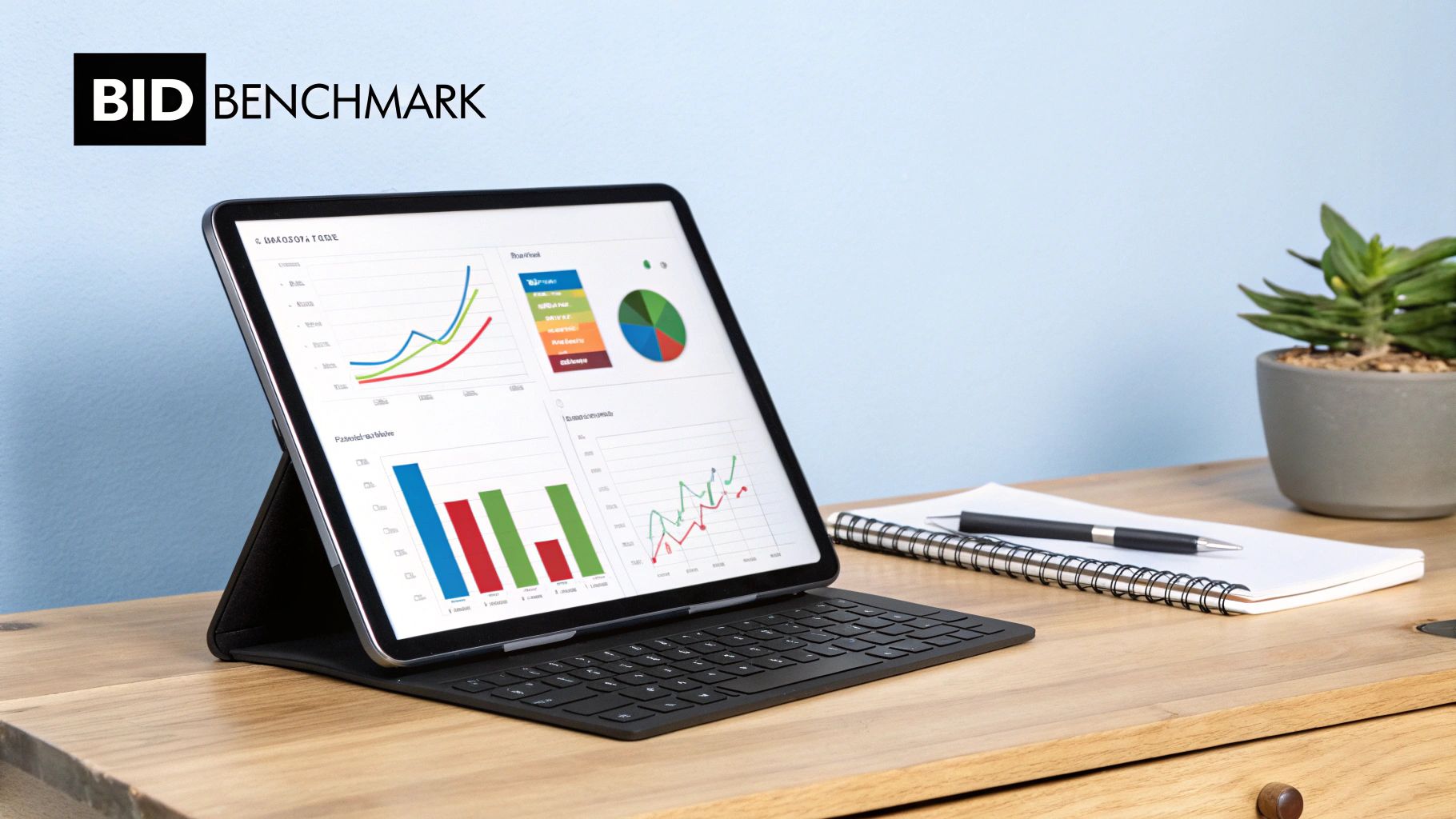 PPC Competitor Research showing bid benchmark analysis on tablet