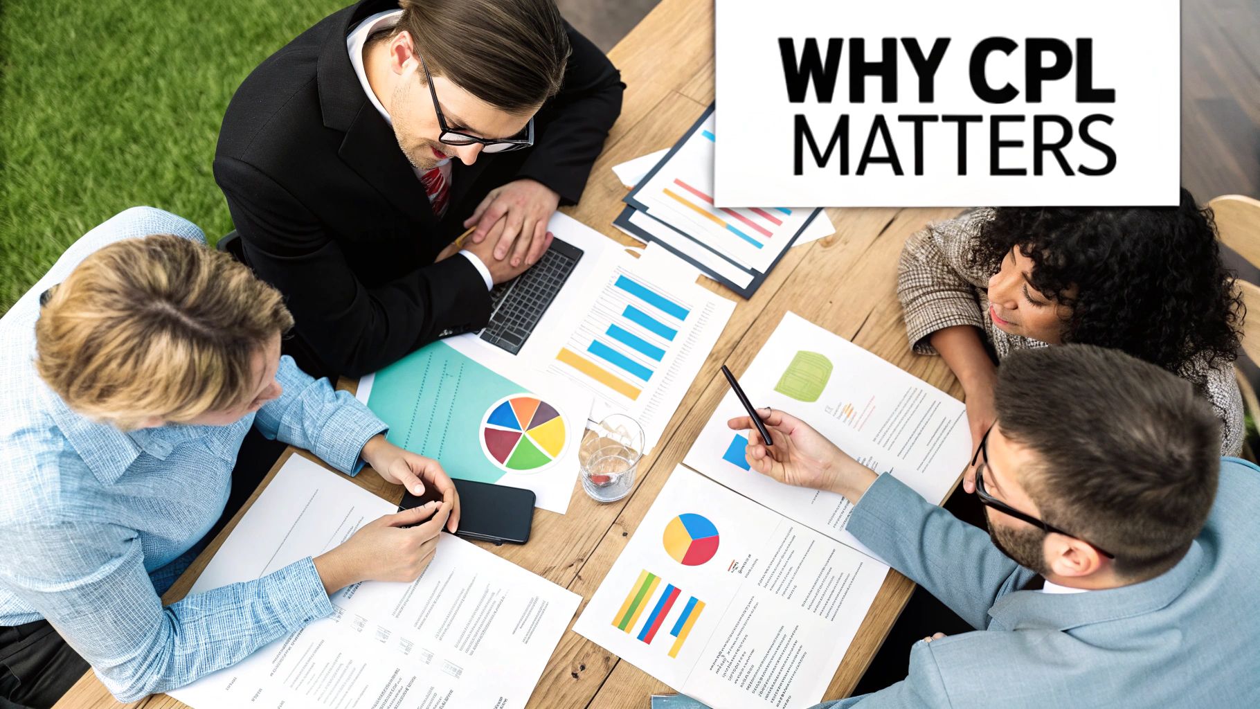 An overhead view of four professionals analyzing charts and documents on a table, with "WHY CPL MATTERS" overlaid, discussing the importance of Cost Per Lead Calculation.