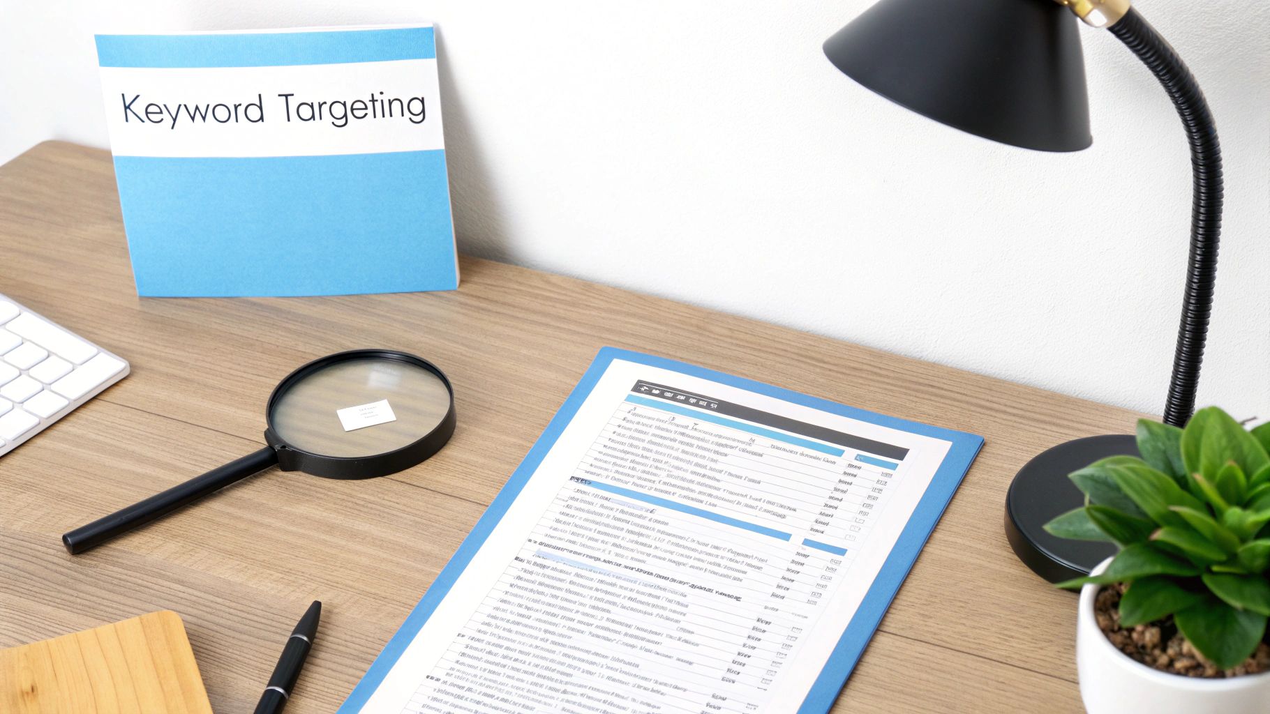 Amazon PPC Advertising Keyword Targeting Amazon PPC Advertising keyword targeting setup with research documents and magnifying glass