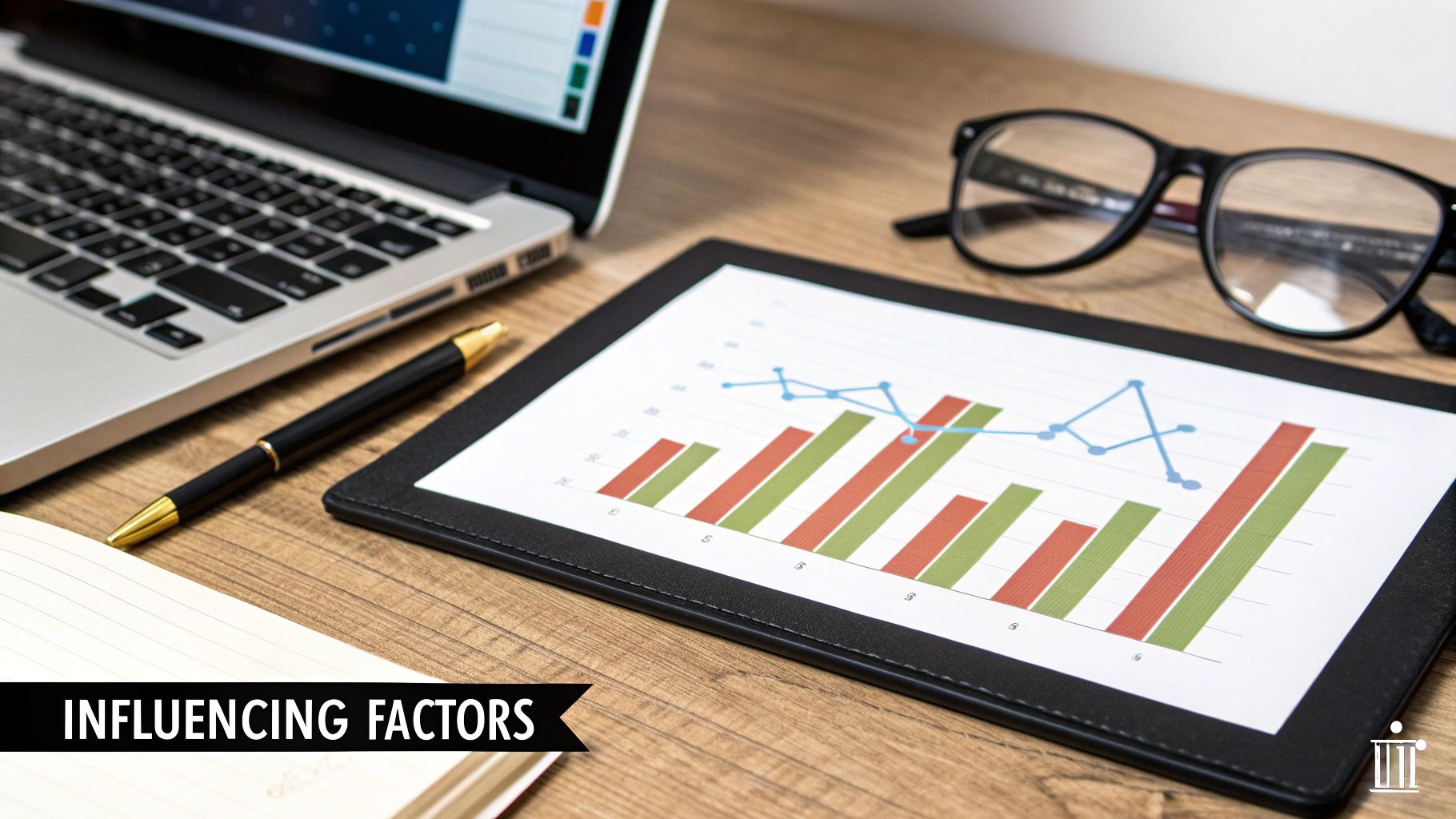 A tablet displaying a bar and line graph, with the text "INFLUENCING FACTORS" overlaid, suggesting an analysis of variables affecting Cost Per Lead Calculation. A laptop, pen, and eyeglasses are also on the wooden desk. 