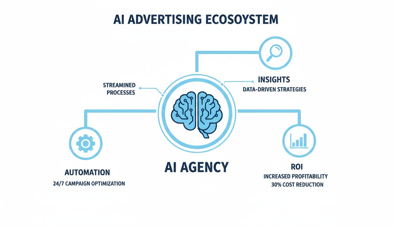 AI Advertising Agency Ecosystem AI Advertising Agency ecosystem diagram showing automation insights and ROI