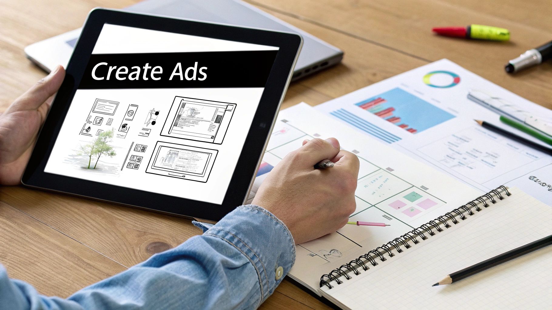 Designing ad creatives on a tablet and notepad as part of PPC Management for Small Business.