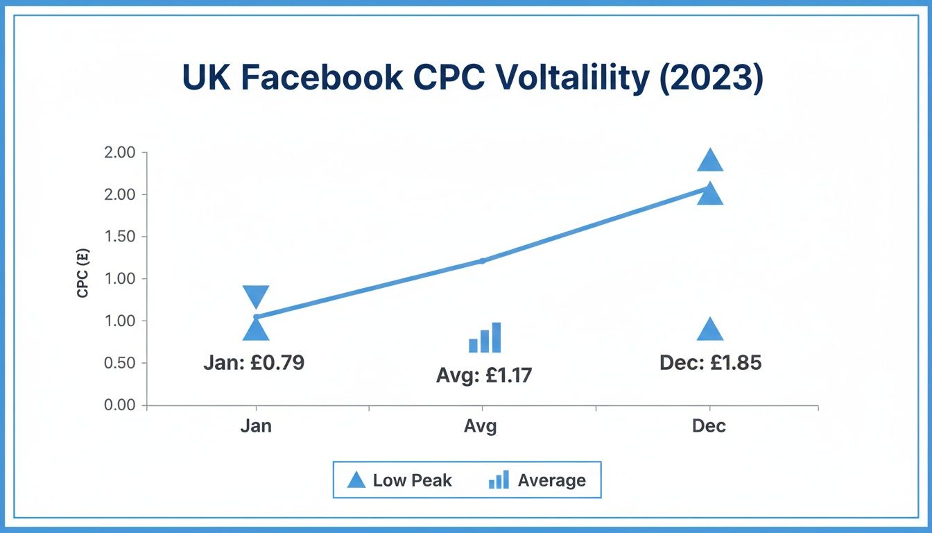 Cost Per Click Calculator CPC Trend Analysis Cost Per Click Calculator analysing UK Facebook CPC volatility trends and seasonal changes