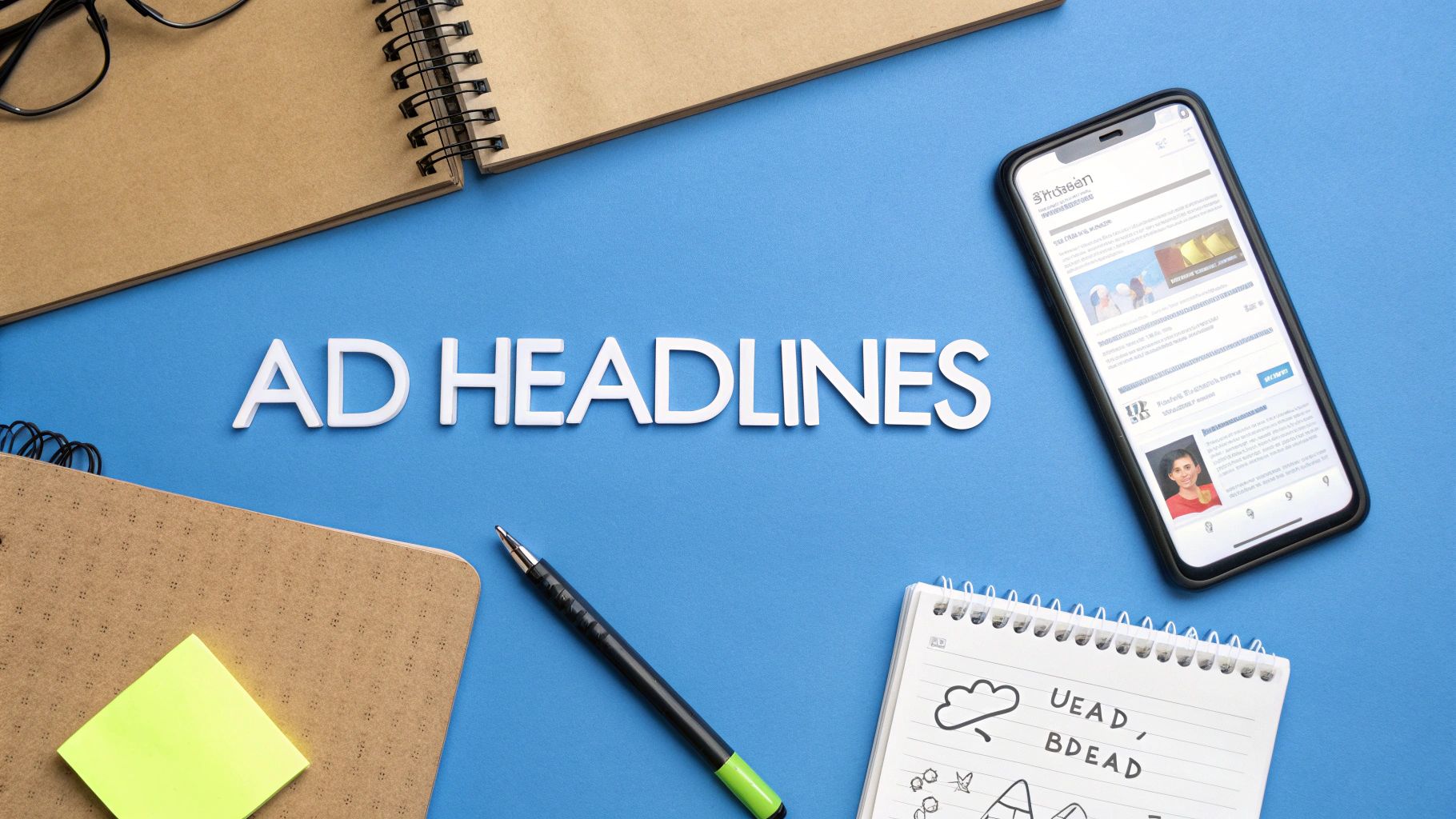 ChatGPT Ads Management Ad Headlines ChatGPT Ads Management brainstorming ad headlines on desk with phone and notepad