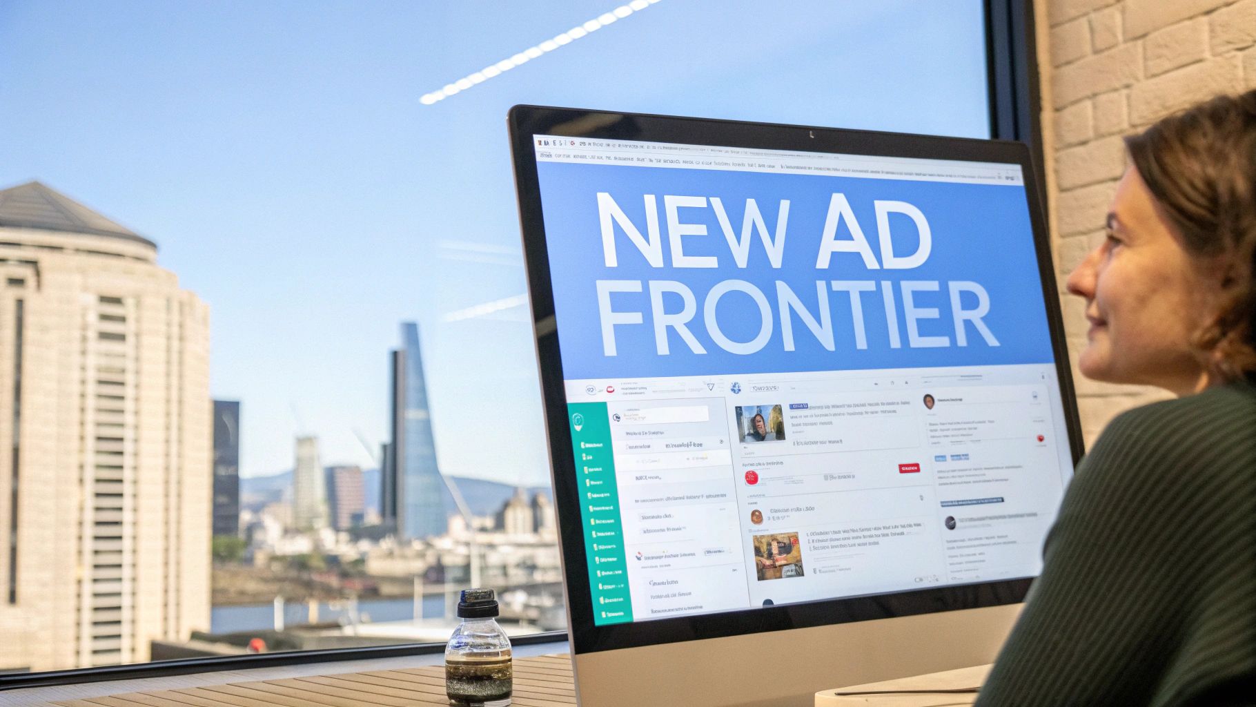 Advertising on ChatGPT New Ad Frontier Advertising on ChatGPT new ad frontier displayed on a desktop screen in an office setting