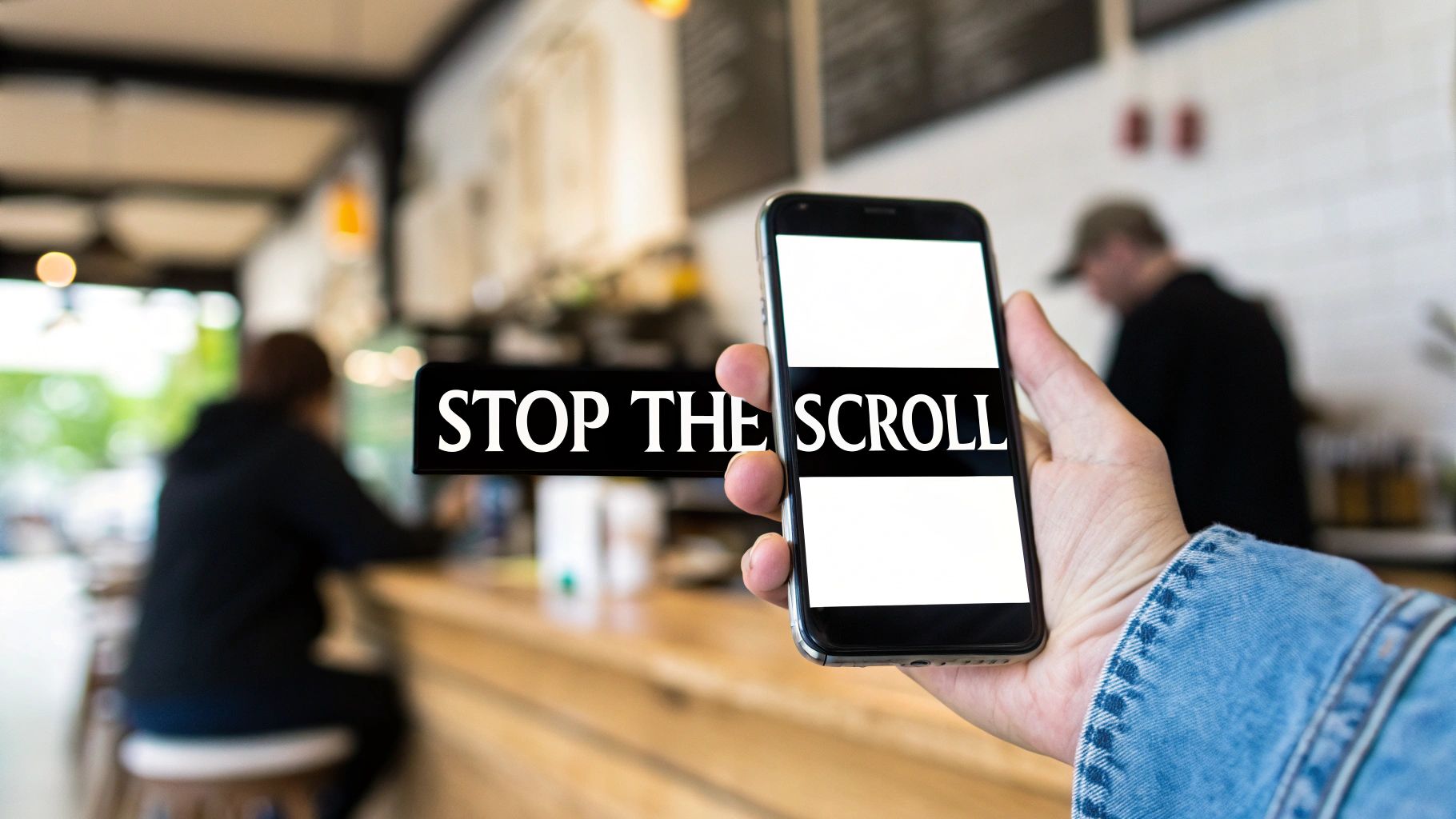A person's hands holding a smartphone displaying a colourful social media ad design.