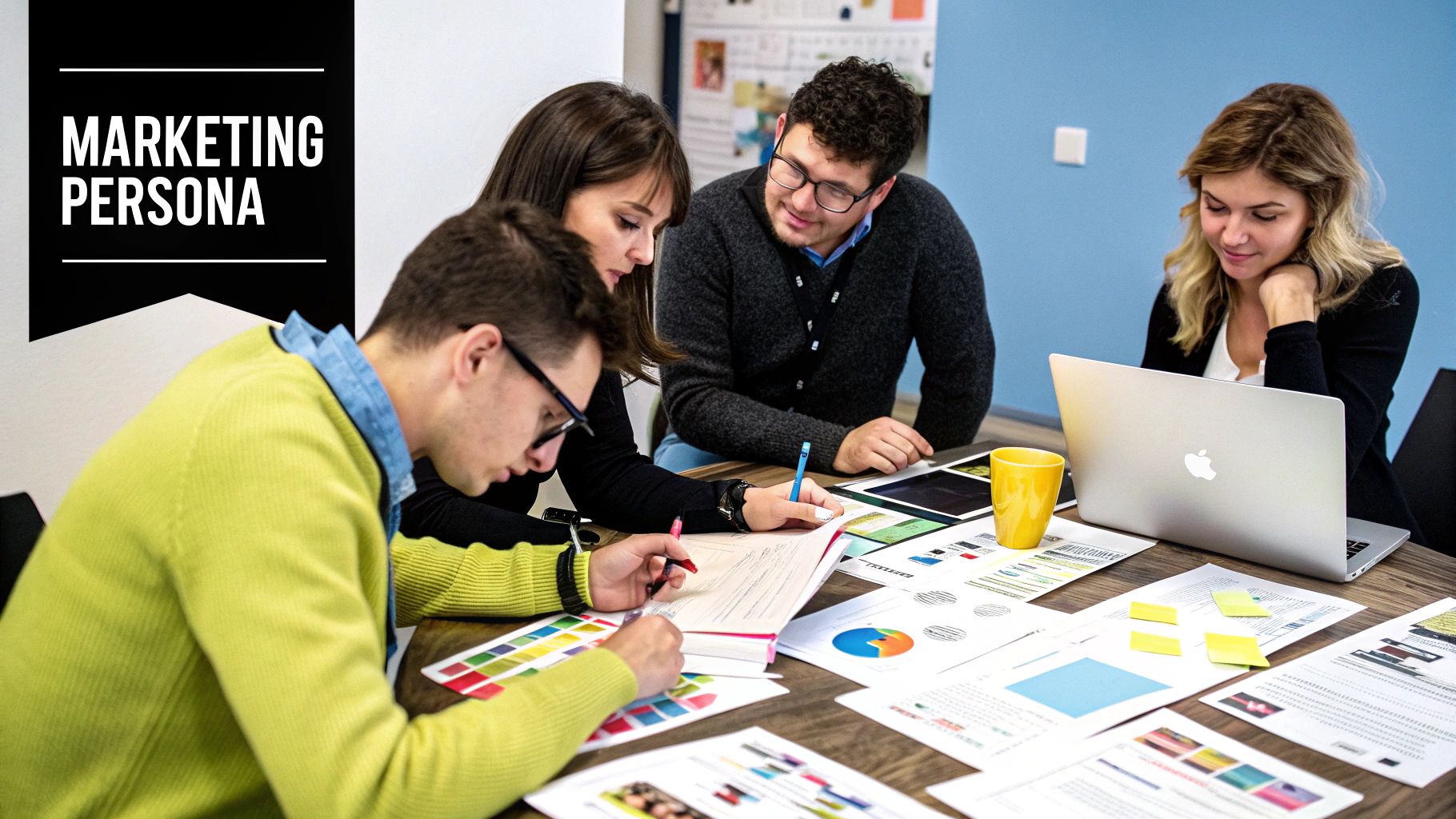 A marketing team in a modern office, gathered around a table with charts and laptops, focusing on creating a marketing persona.