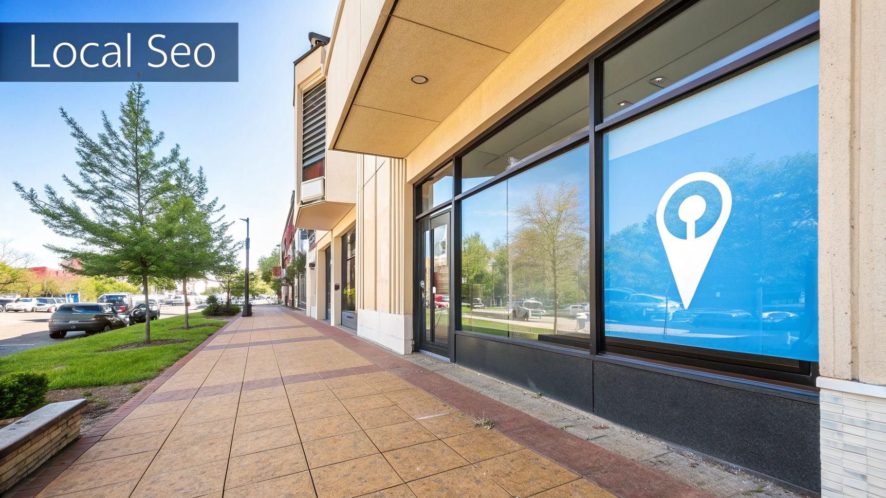Street view with shopfront displaying local map pin, highlighting local SEO strategy for Marketing for Small Business Tips