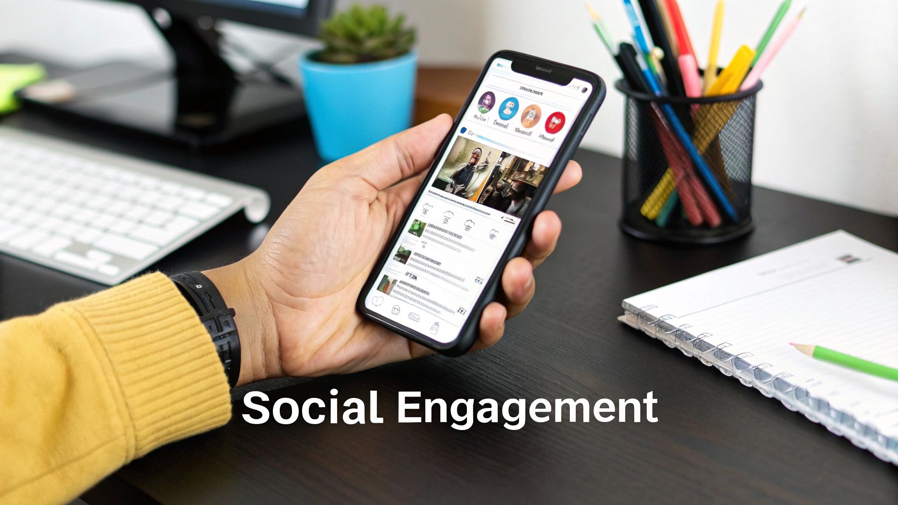 Social Engagement to Help Increase Traffic to Your Website Hand holding phone displaying social media feed highlighting how to increase traffic to your website via social engagement.