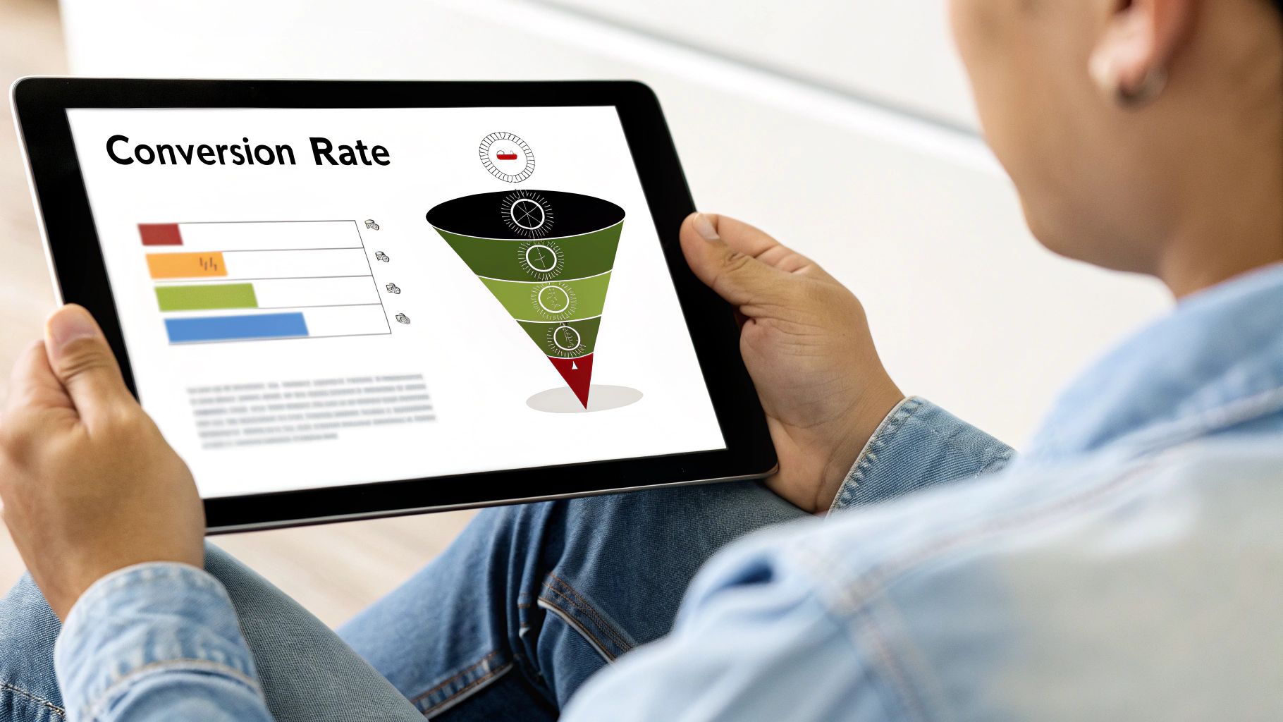 Conversion rate funnel graphic on a tablet used to analyse key performance indicators for digital marketing