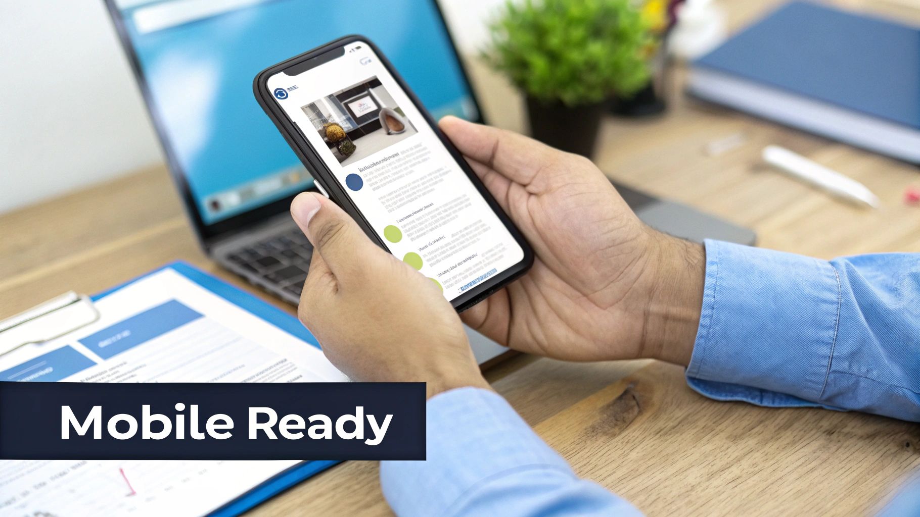 B2B PPC Mobile Ready Optimisation Mobile optimisation for B2B PPC shown through a user checking content on a smartphone