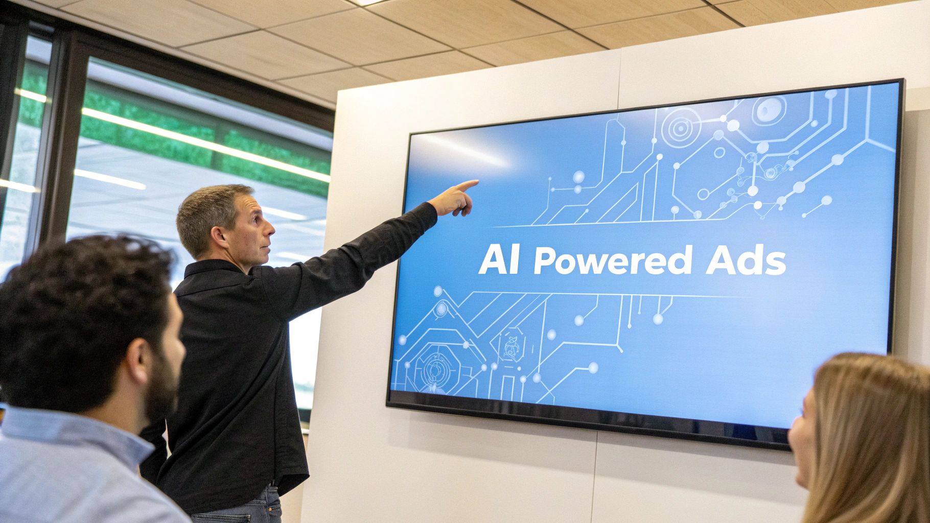 AI Powered Ads with OpenAI Ad Services Marketing team viewing a presentation on AI Powered Ads showcasing the capabilities of OpenAI Ad Services