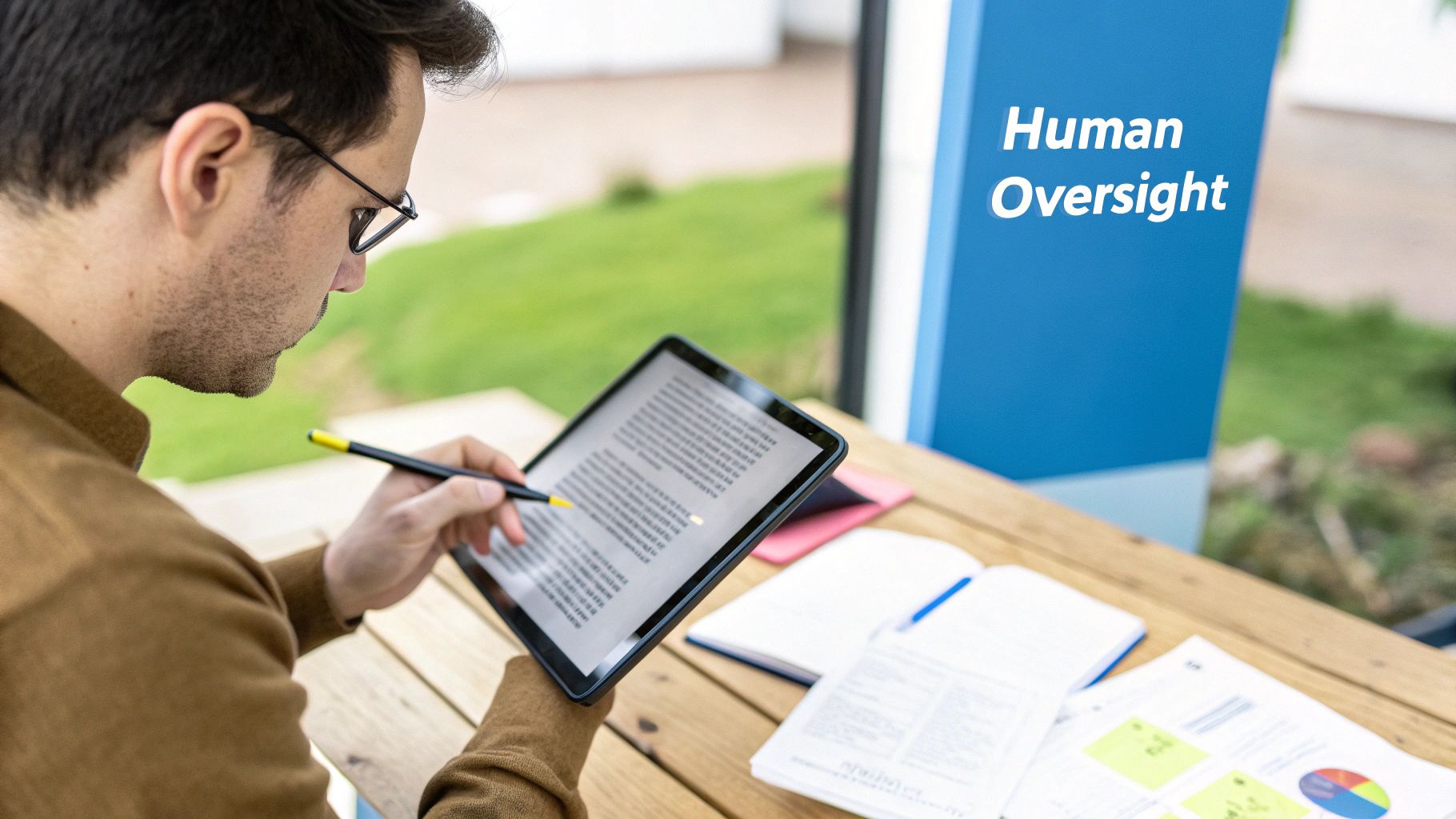 ChatGPT Ad Agency Human Oversight ChatGPT Ad Agency human oversight with expert reviewing content on a tablet