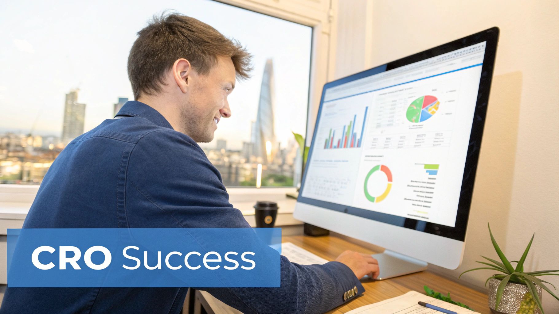 CRO Success Through Conversion Rate Optimisation Services Marketing professional analysing dashboards to achieve CRO success using Conversion Rate Optimisation Services
