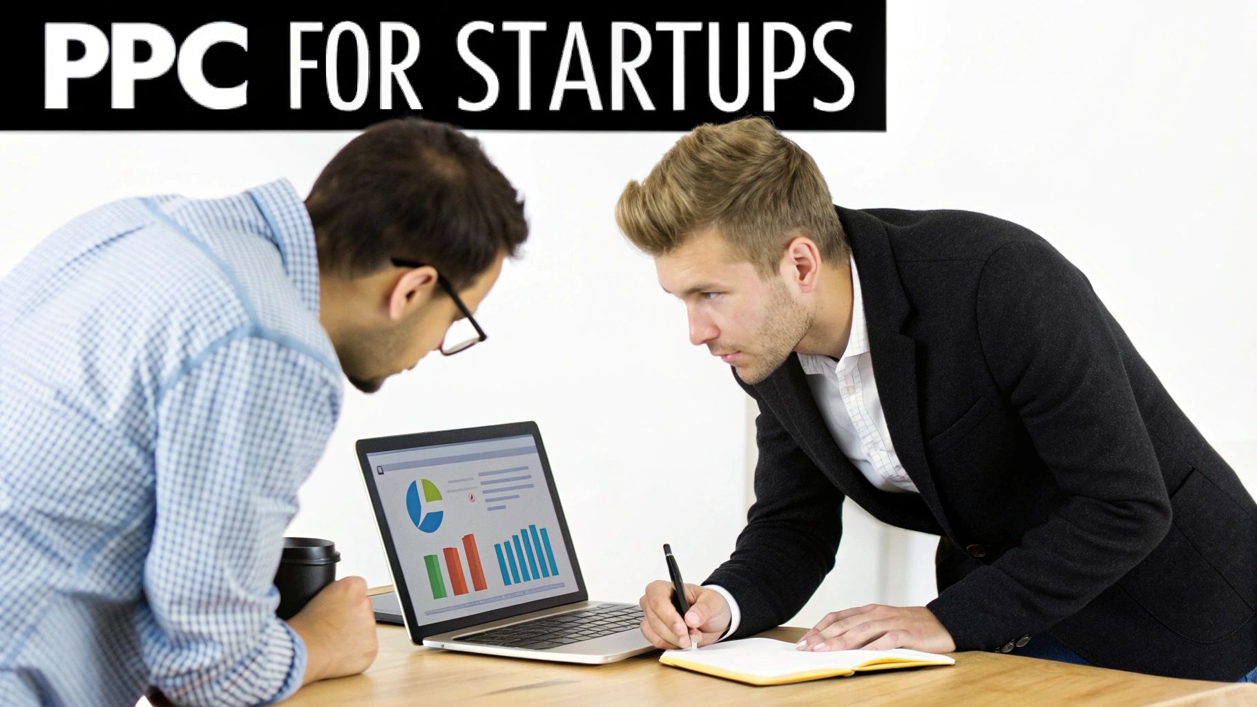 Two startup founders reviewing PPC performance graphs on a laptop