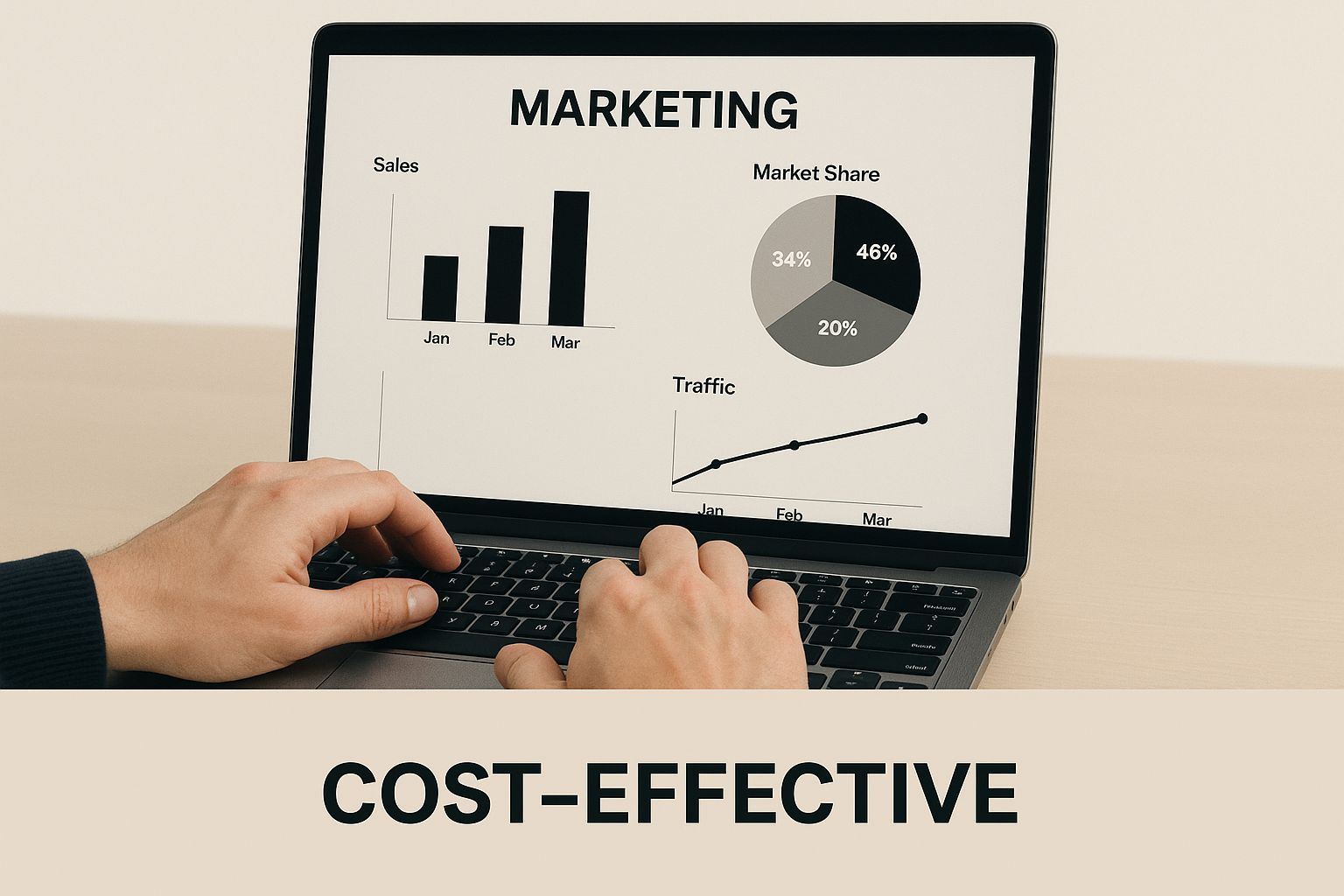 Cost-Effective Advantages of Social Media Advertising Advantages of Social Media Advertising – cost-effective marketing strategy shown on laptop with sales and traffic growth charts.