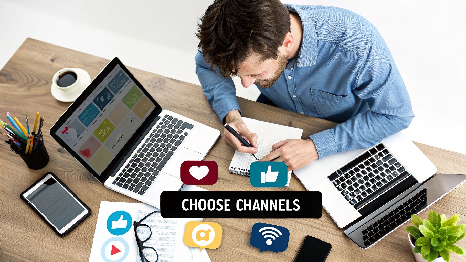 A man at a desk, surrounded by two laptops, a tablet, and various marketing-related icons, actively writing in a notebook. The text "CHOOSE CHANNELS" is prominently displayed, illustrating a step to manage marketing campaigns effectively.