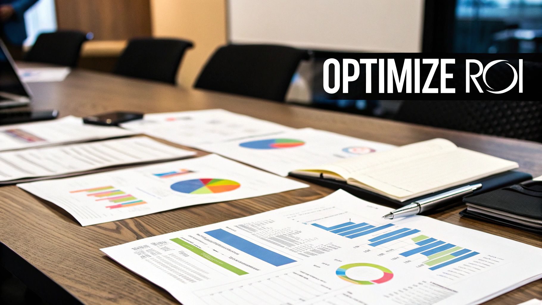 Printed reports with colourful charts and graphs spread across a meeting table, alongside a notebook, pen, and electronic devices, with the words "Optimise ROI" overlaid.