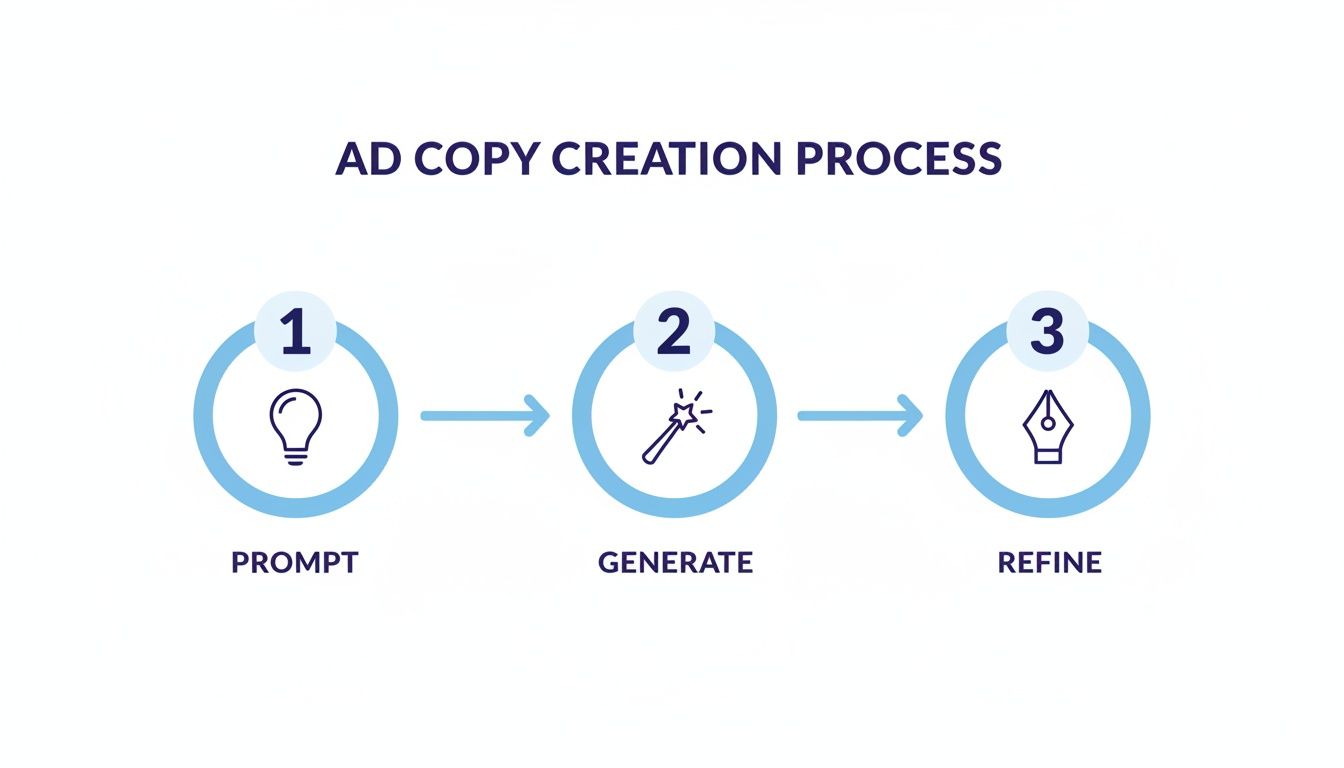 OpenAI Ad Management Ad Copy Workflow OpenAI Ad Management ad copy creation process showing prompt, generate and refine stages