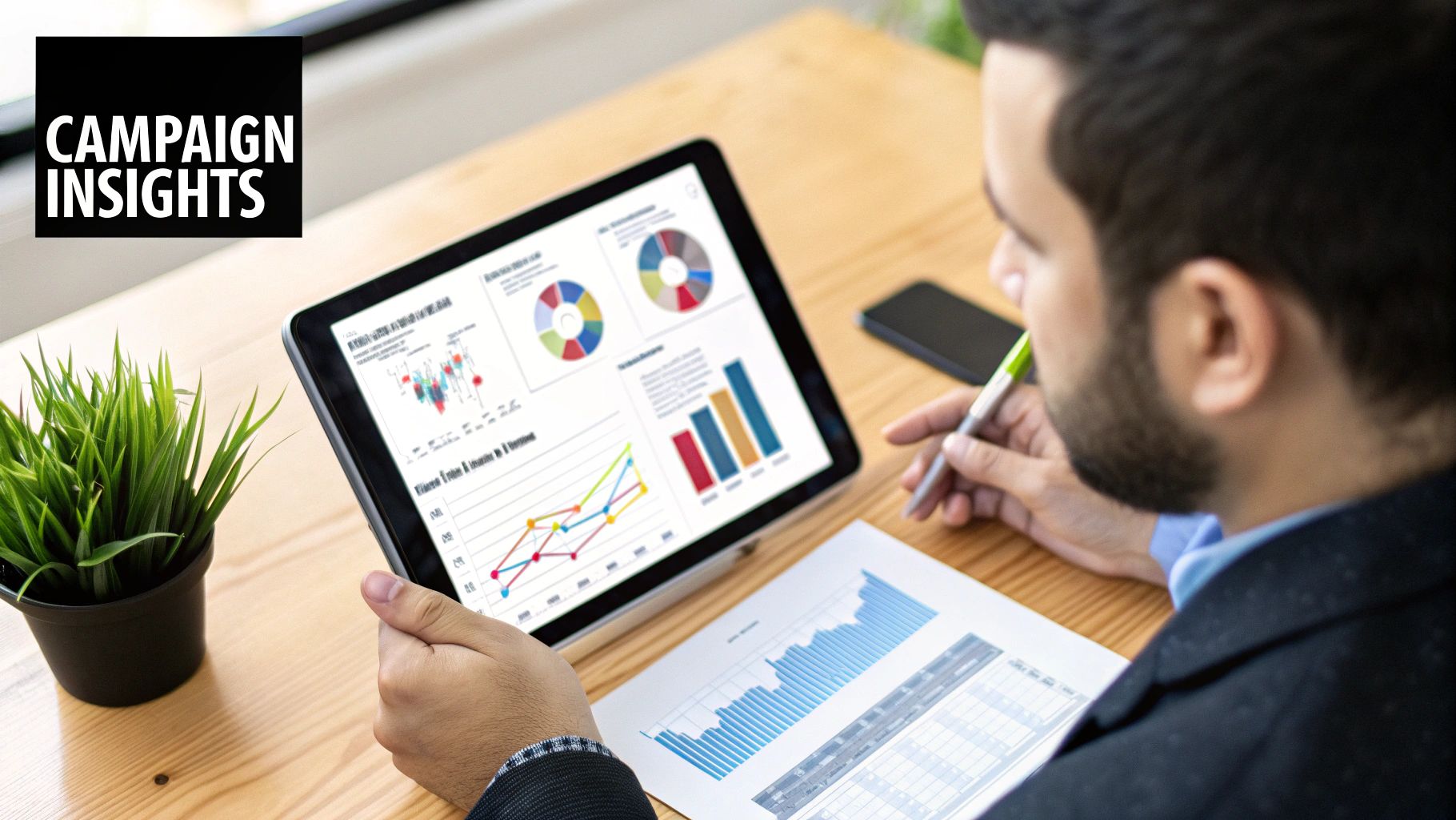 Campaign Insights Dashboard for Lead Acquisition Strategy Optimisation Man analysing campaign insights on a tablet to refine his lead acquisition strategy