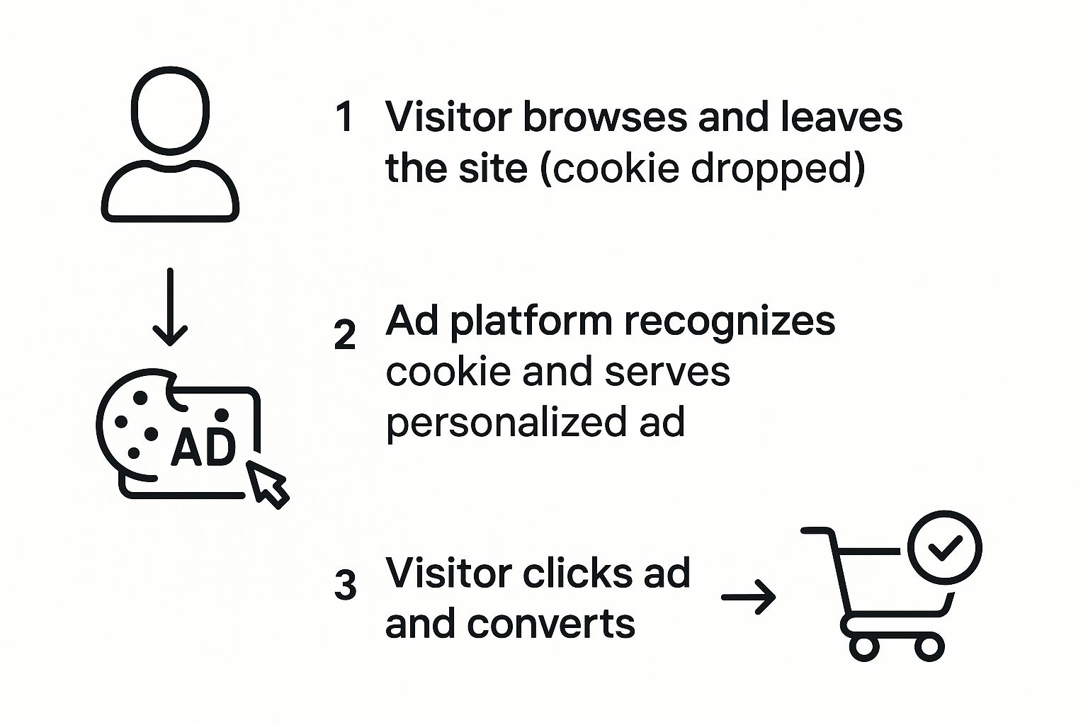 How Retargeting Advertising Works Step-by-Step Retargeting advertising flowchart with cookie tracking and conversion