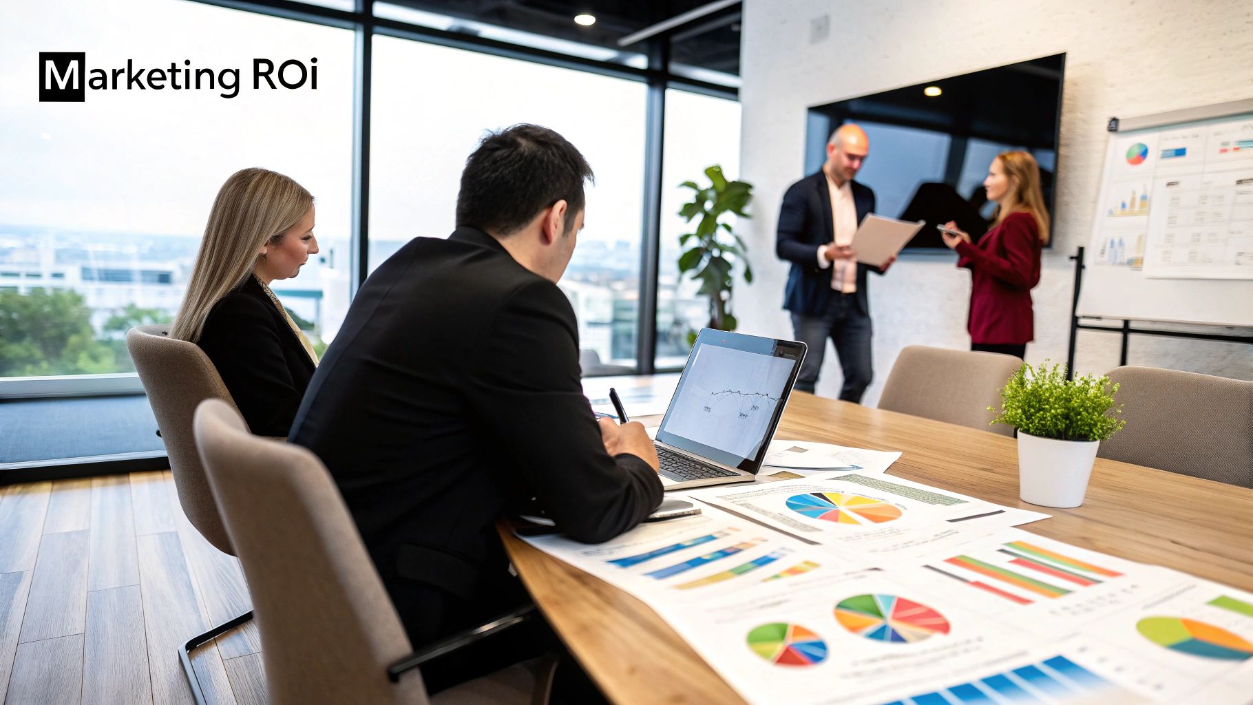 Marketing ROI team analysing performance data in a meeting room
