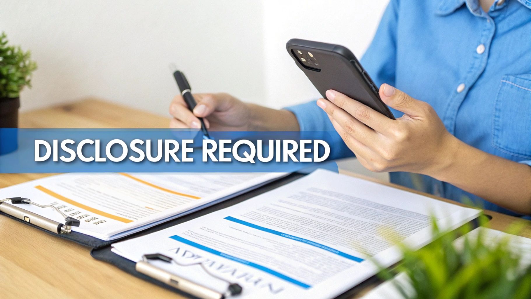 Disclosure Requirements for ChatGPT Sponsored Content Marketer reviewing disclosure rules for ChatGPT Sponsored Content