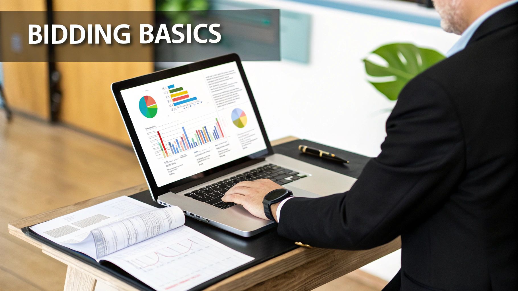Business professional analysing PPC bidding strategies on a laptop