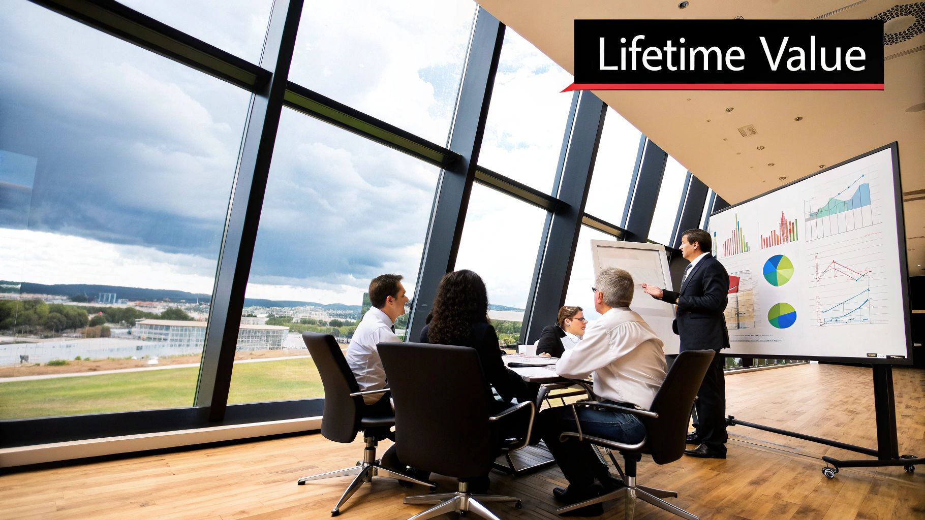 Business team learning how to calculate customer lifetime value during a strategy meeting.