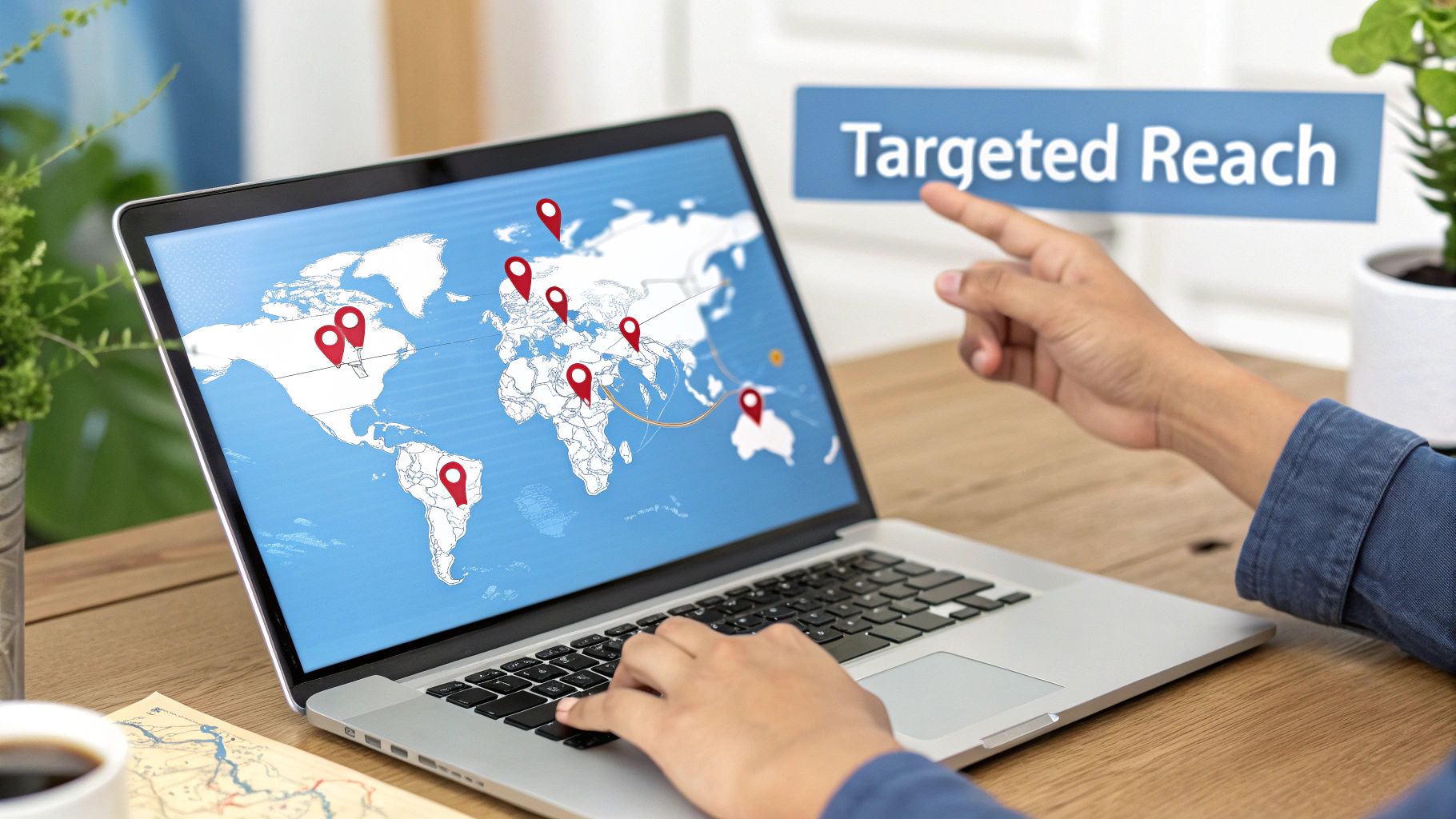 A person uses a laptop displaying a world map with red location pins, indicating targeted global reach.
