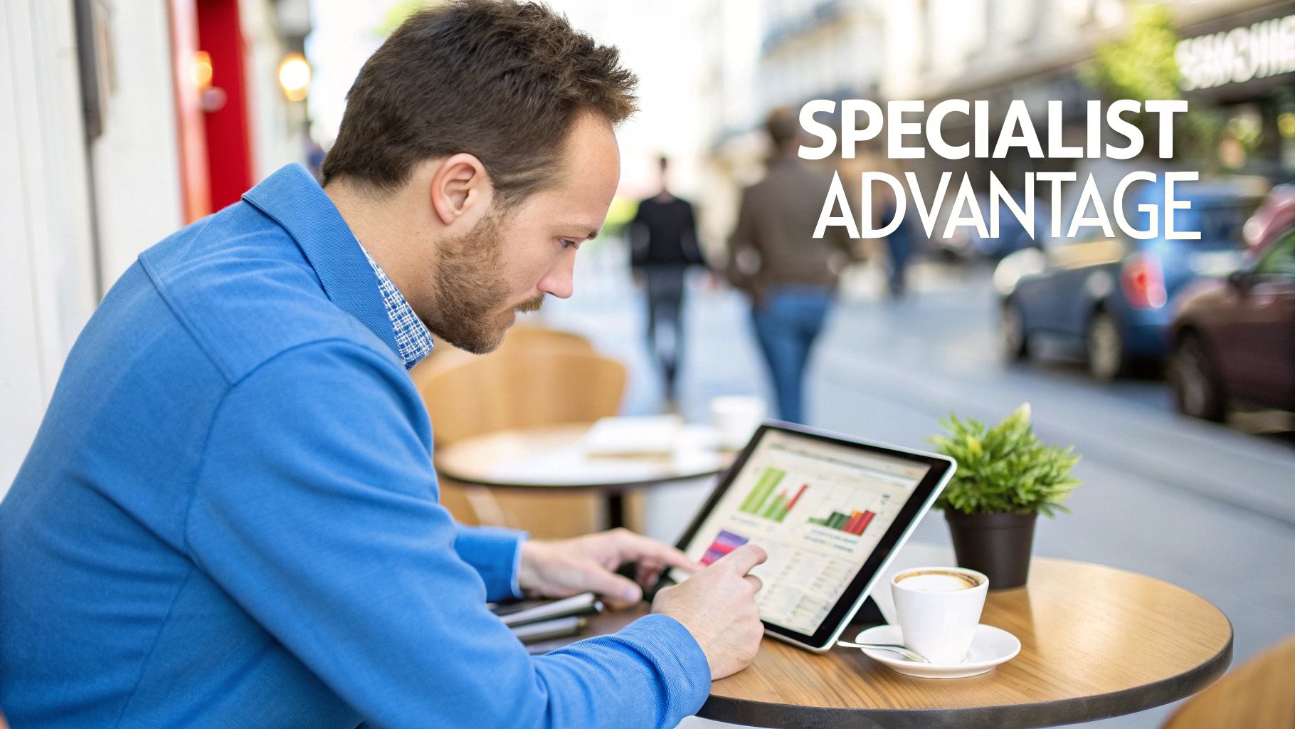 Google Ads Agency UK specialist advantage through expert campaign analysis Google Ads Agency UK specialist analysing campaign performance data on a tablet to gain a strategic advantage