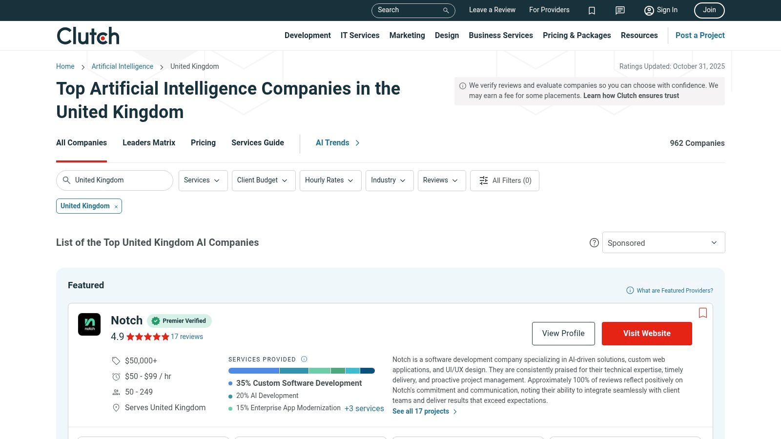 Best ChatGPT Advertising Agency Featured on Clutch UK AI Companies List. Clutch directory showcasing top UK AI firms by the Best ChatGPT Advertising Agency.