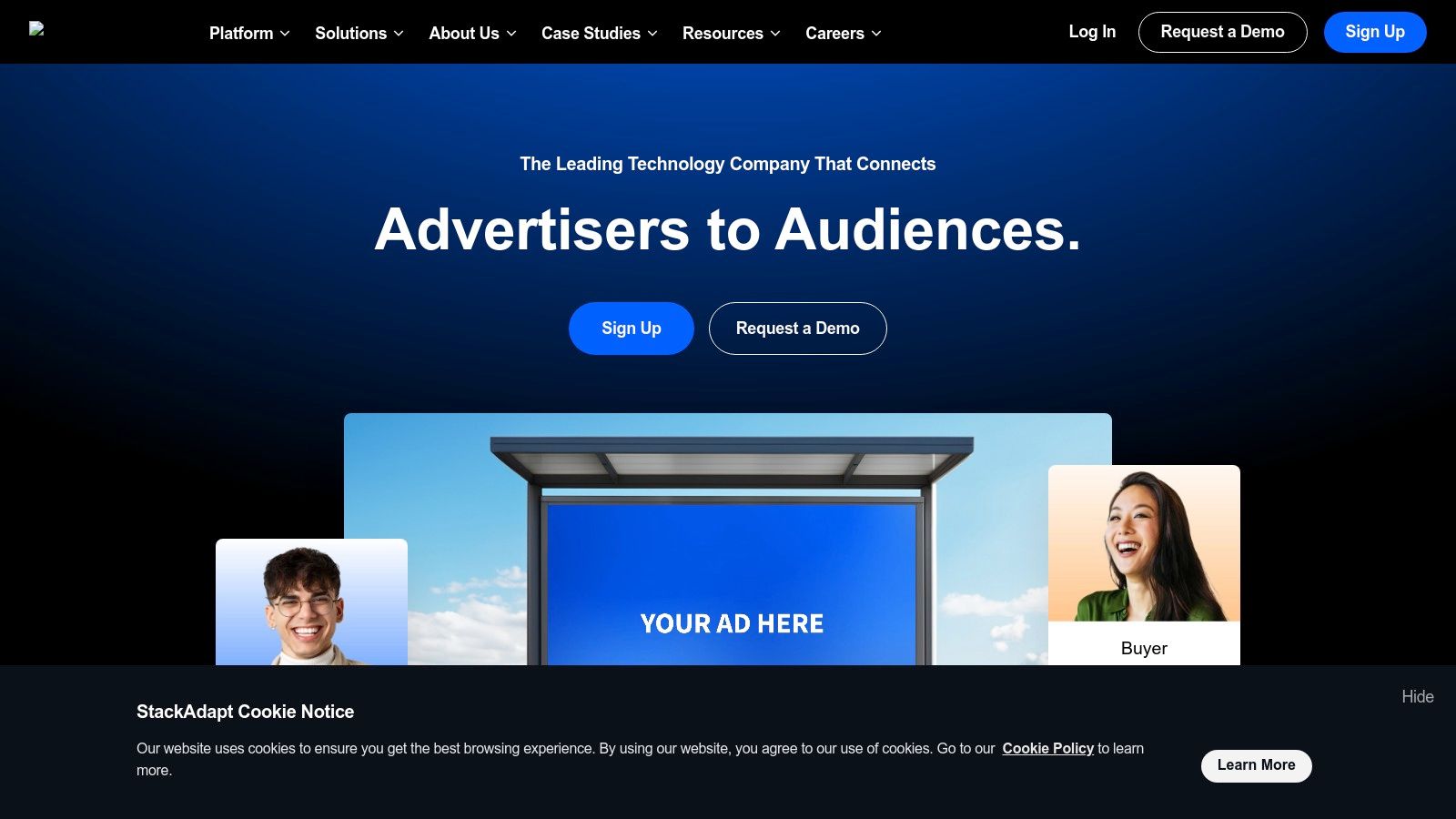 Programmatic Advertising Companies using StackAdapt StackAdapt homepage with headline connecting advertisers to audiences, representing modern Programmatic Advertising Companies and their ad tech stack