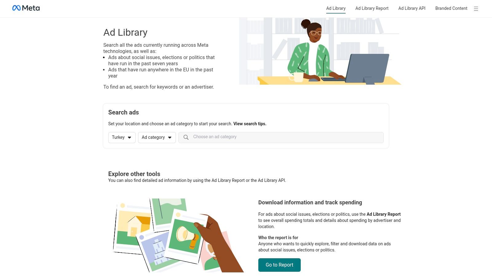 Meta Ad Library search tool for finding real Facebook Ads Examples