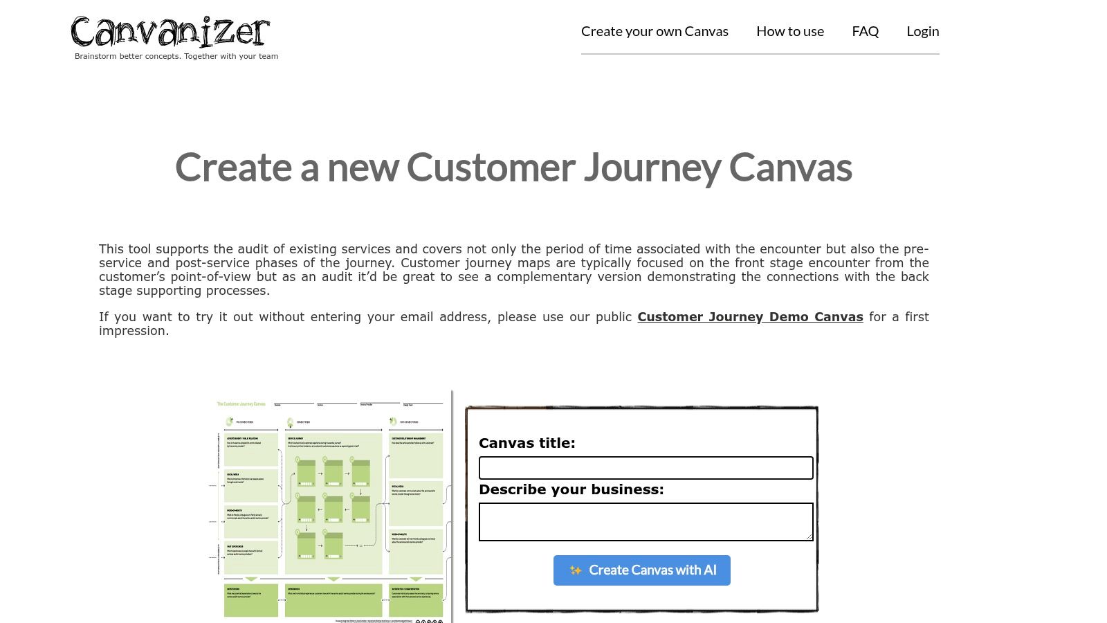 Canvanizer – Free Online Customer Journey Mapping Tool Canvanizer customer journey canvas creation interface with editable fields.