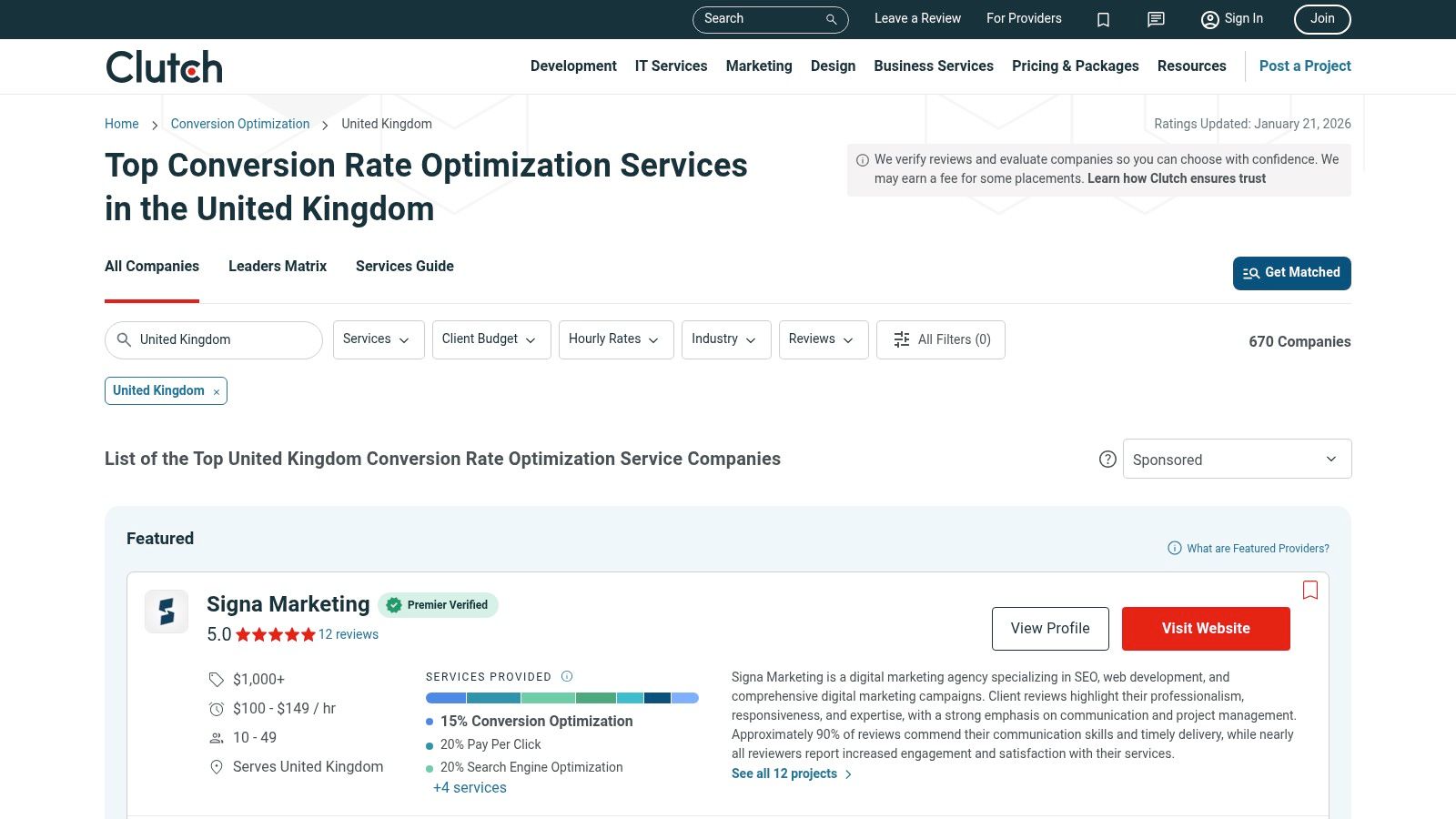 Clutch List of Conversion Rate Optimisation Agencies in the UK Clutch directory showing top conversion rate optimisation agencies in the United Kingdom with ratings and service filters