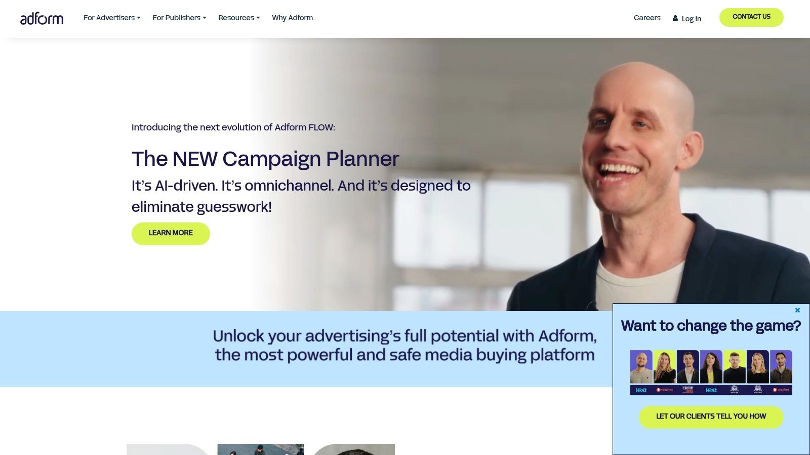 Programmatic Advertising Companies partnering with Adform Adform campaign planner page with smiling presenter, symbolising Programmatic Advertising Companies using AI driven omnichannel media platforms