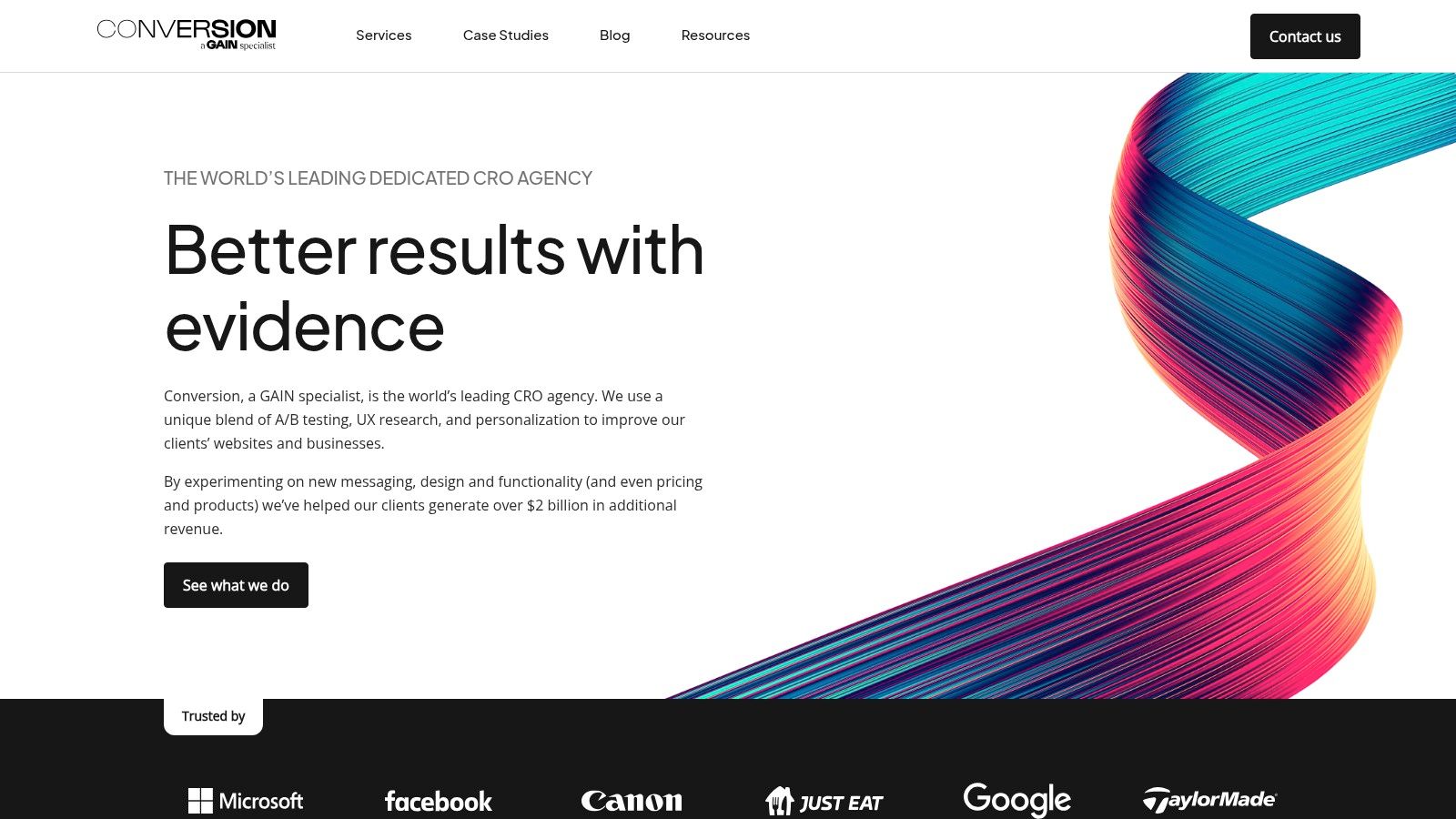 Conversion.com Example of Conversion Rate Optimisation Agencies Conversion.com homepage showing evidence-led work from conversion rate optimisation agencies focused on A/B testing and UX research