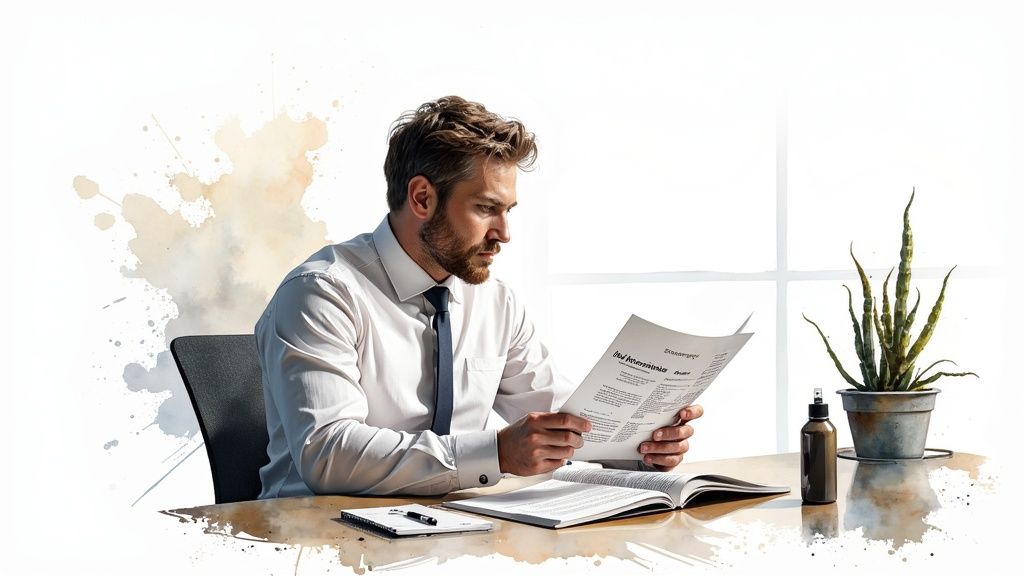 Business professionals reviewing a risk assessment report on a tablet.