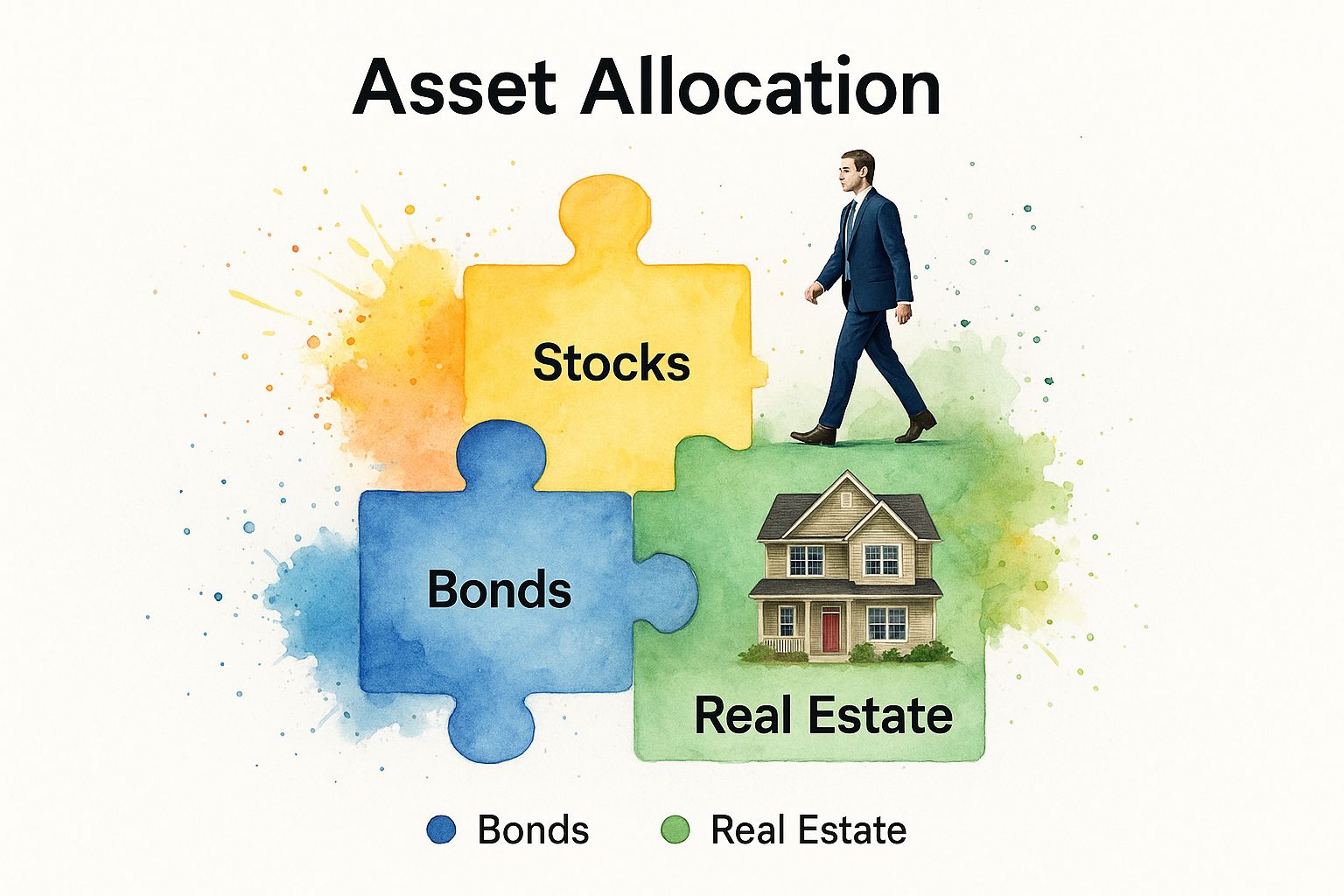 Infographic about portfolio investment strategies with puzzle pieces for stocks, bonds, and real estate