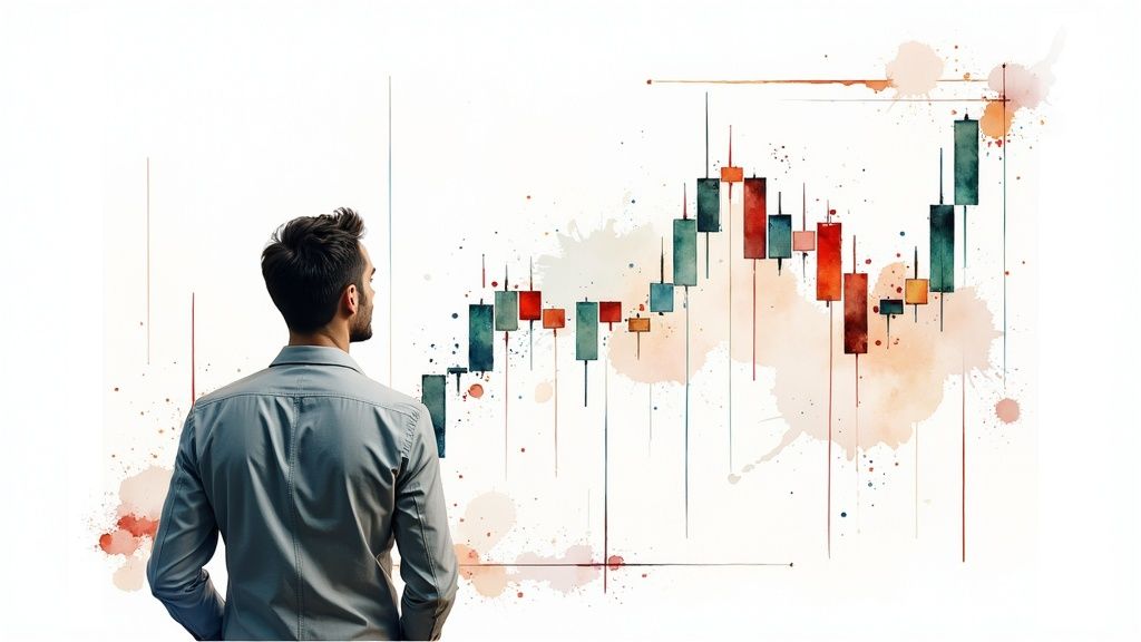 An investor looking thoughtfully at a green stock chart, symbolizing a beneficial market environment.