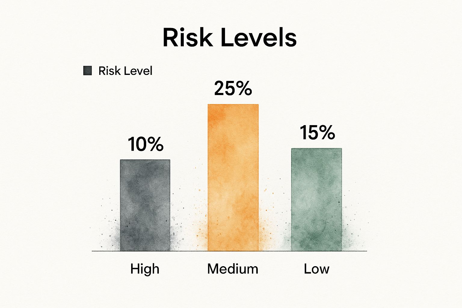 Minimalistic bar chart showing risk categories with values: High: 10, Medium: 25, Low: 15.