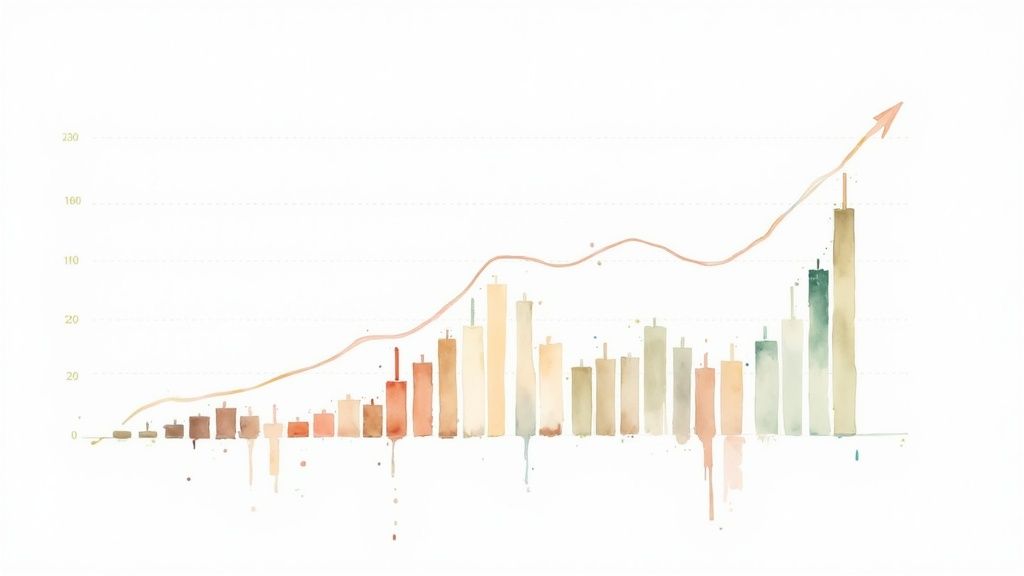 A chart showing technical analysis indicators like moving averages, RSI, and chart patterns on a stock price graph.